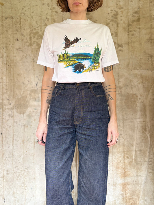 80s Bear And Eagle Mountain River Scene Nature Tee