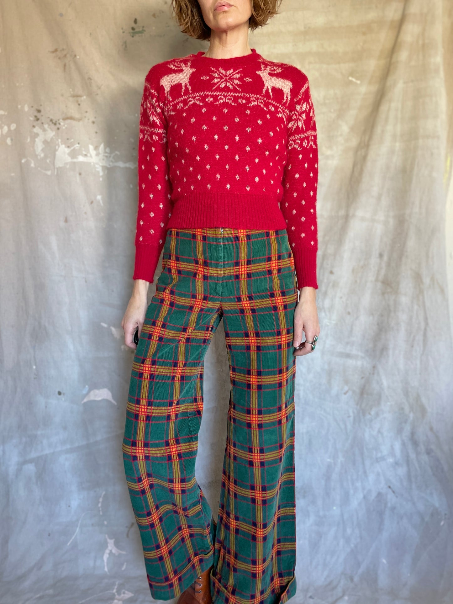 70s Plaid Corduroy Wide Leg Pants