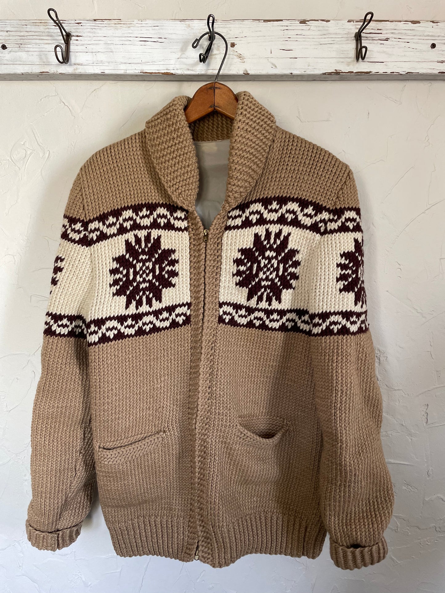 70s Handknit Shawl Collar Snowflake Sweater