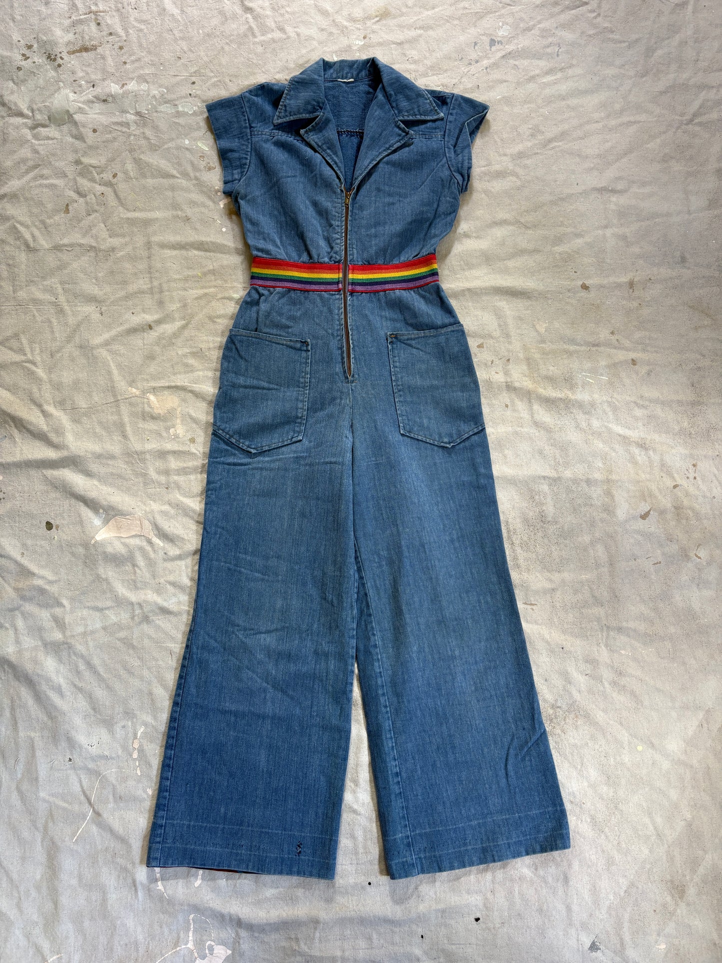 Vintage 70s Denim Jumpsuit Rainbow Detail