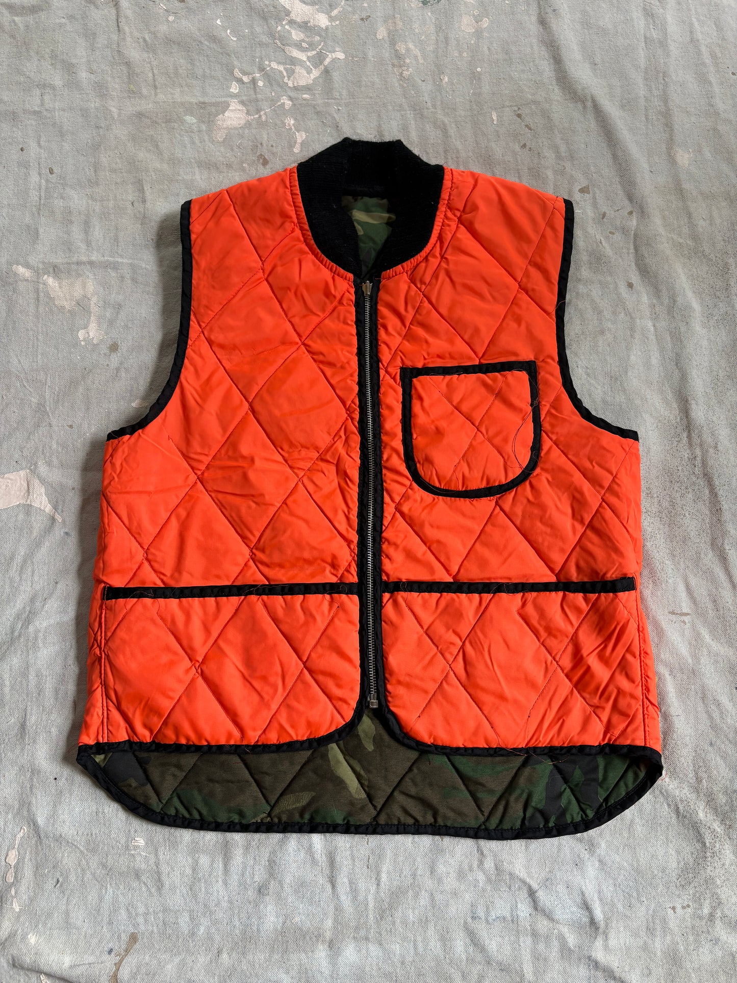 Vintage 80s Reversible Safety Orange Woodland Camo Hunting Vest