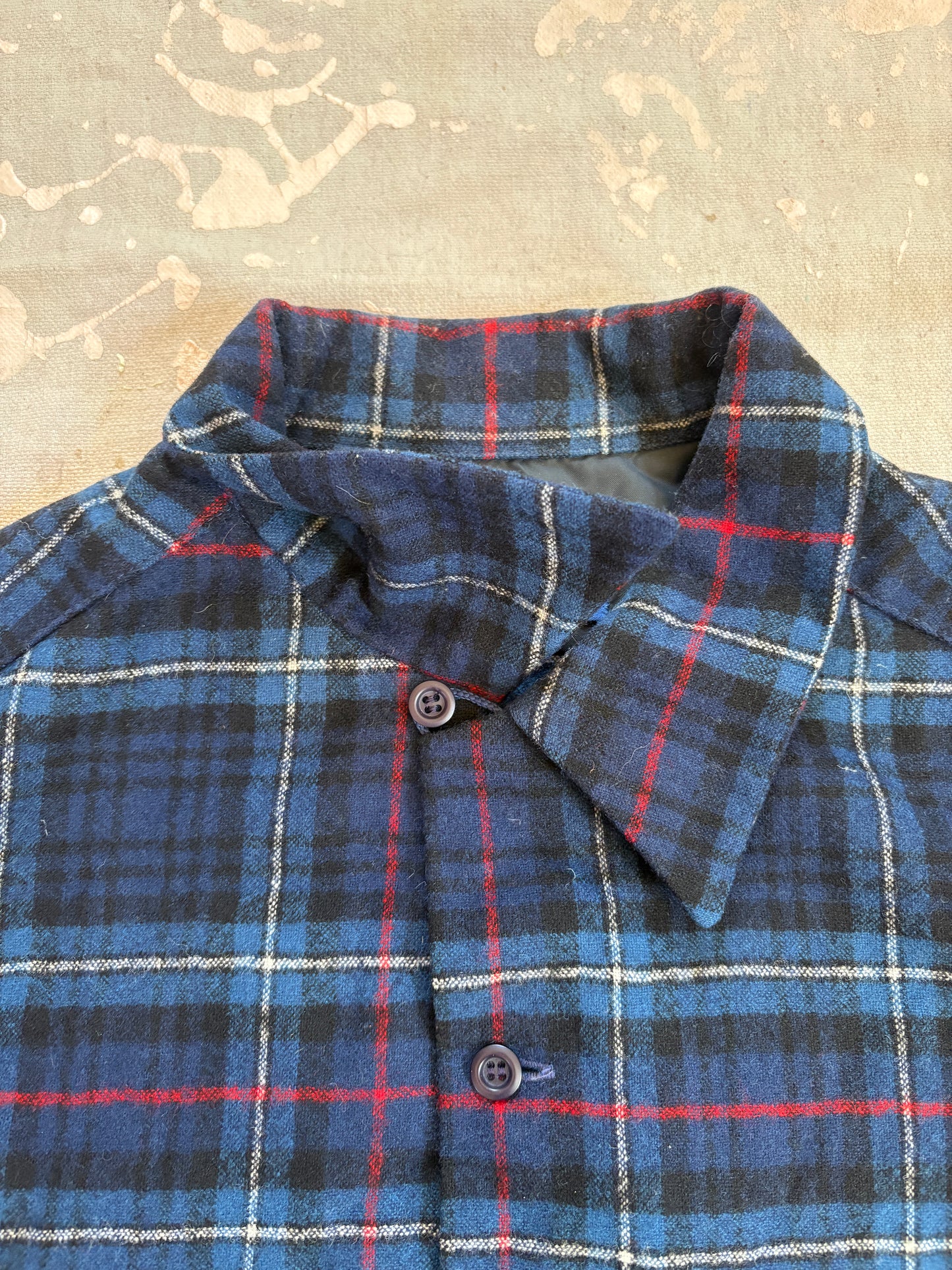 Vintage 70s Blue, Red, Black Plaid Loop Collar Pendleton Wool Shirt