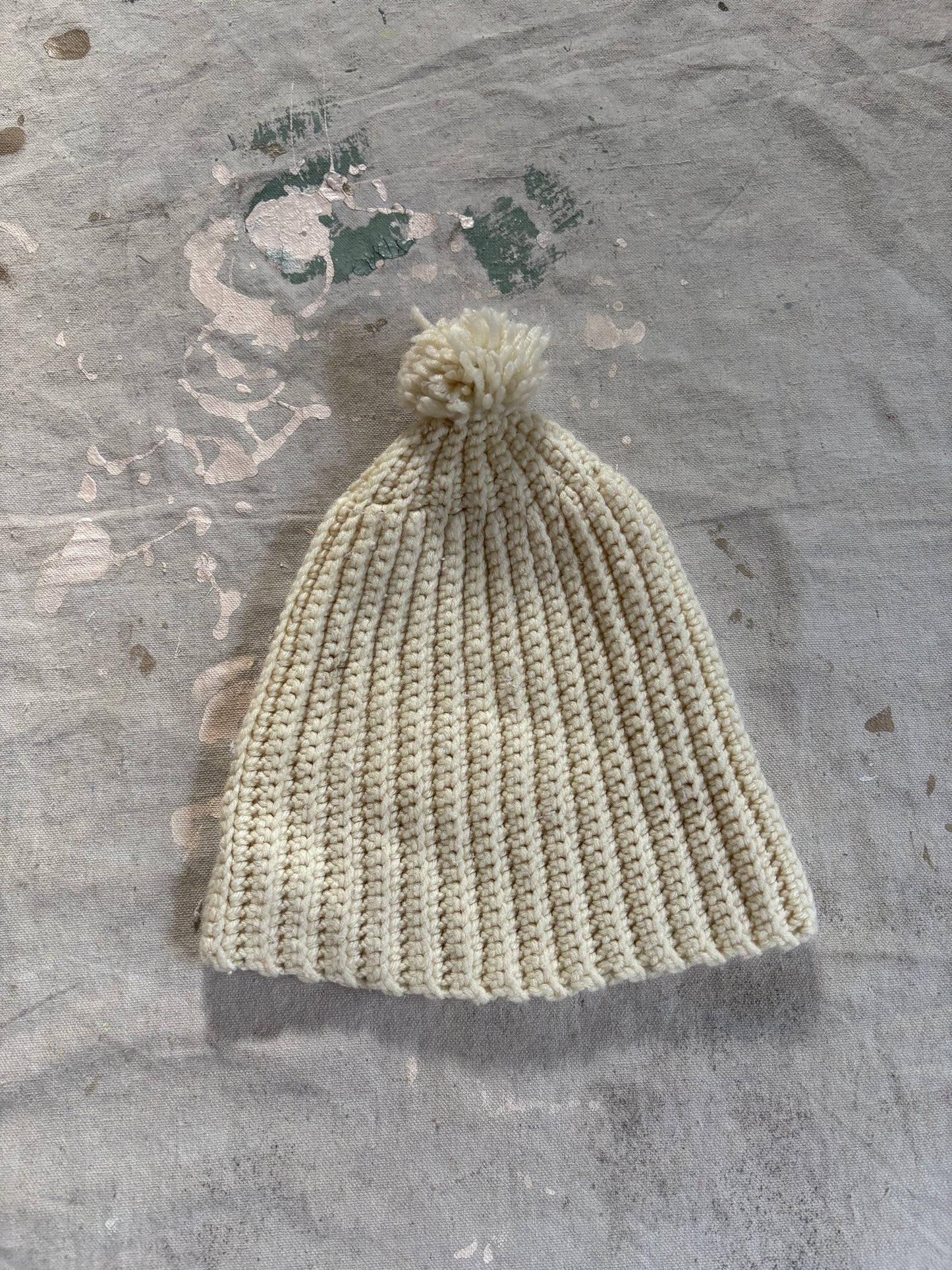 80s Hand Knit Pom Pom Ecru Beanie
