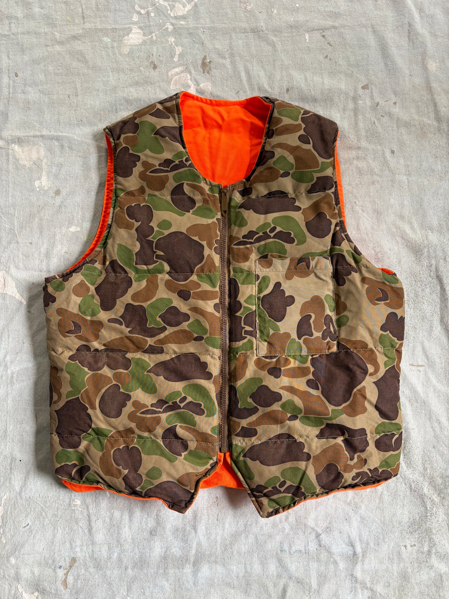 Vintage 80s Eddie Bauer Reversible Goose Down Orange Camo Vest