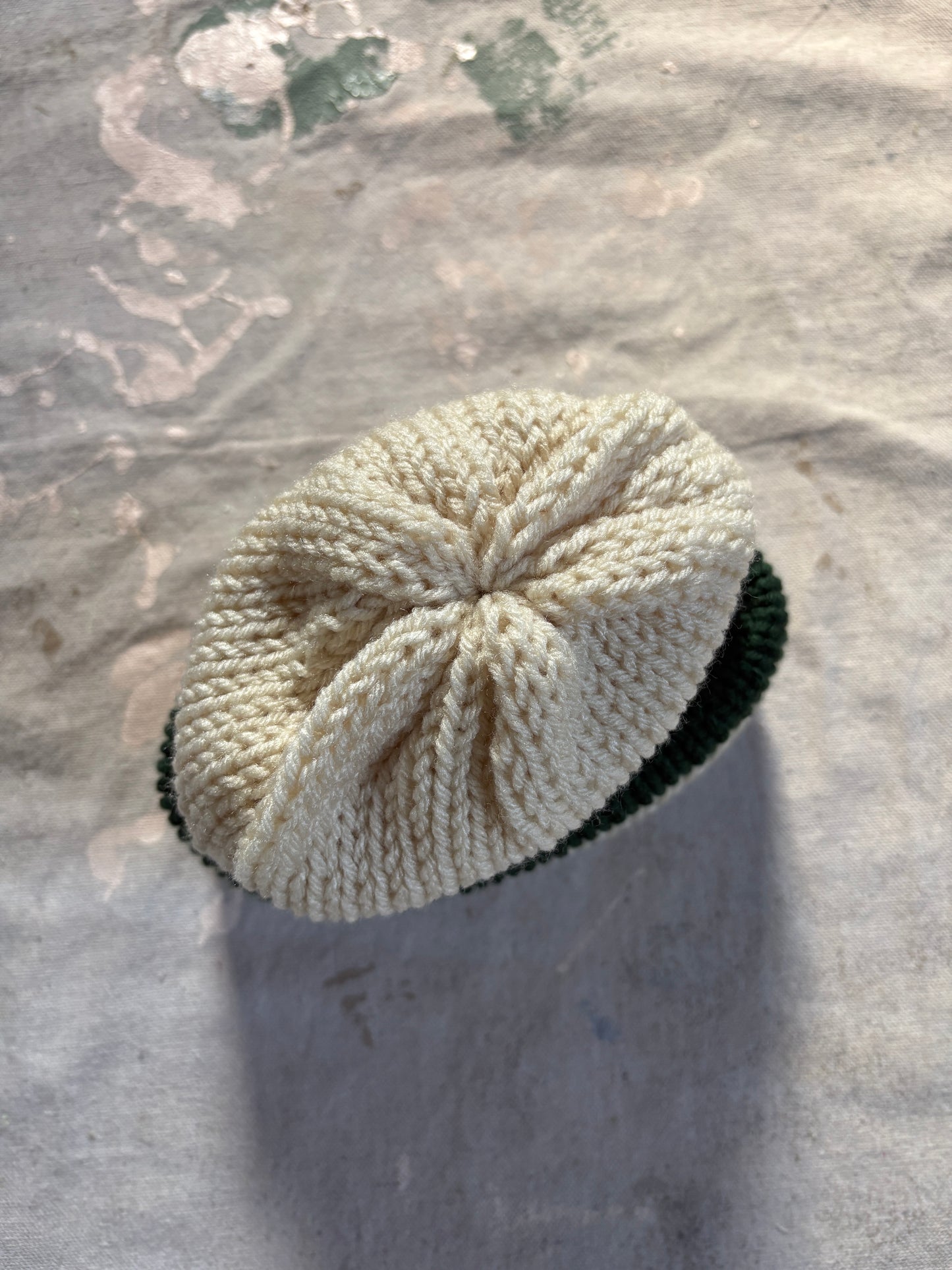 Hand Knit Ecru And Evergreen Beanie
