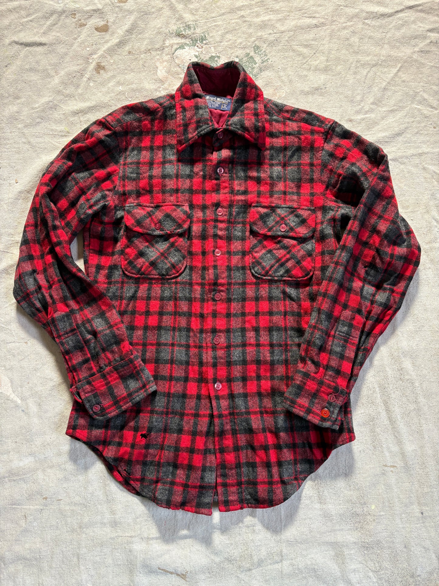 Vintage 80s Wool Blend Red, Black, Gray Plaid Button Down Shirt