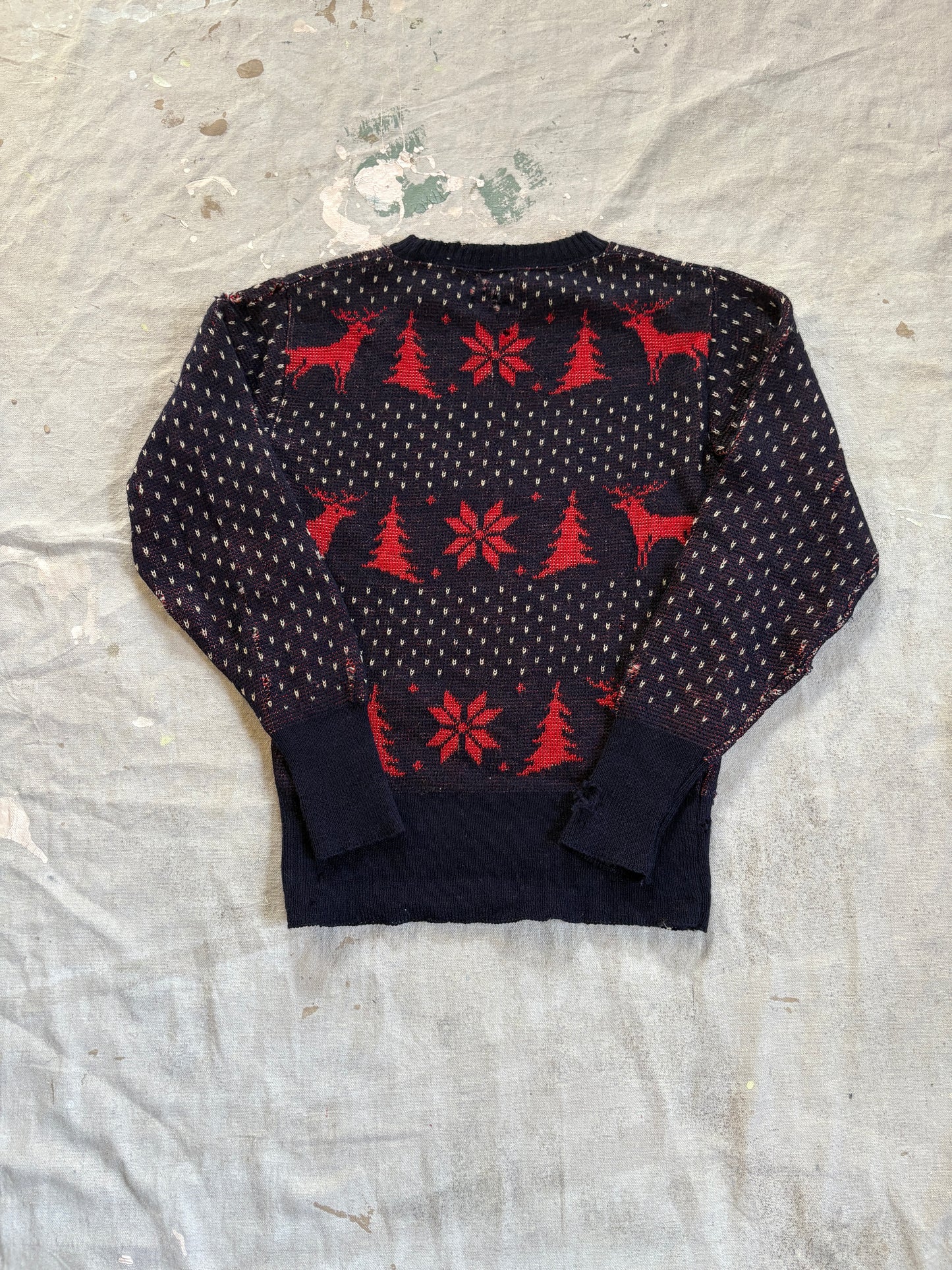 Vintage 50s Thrashed Tree And Snowflake Holiday Sweater
