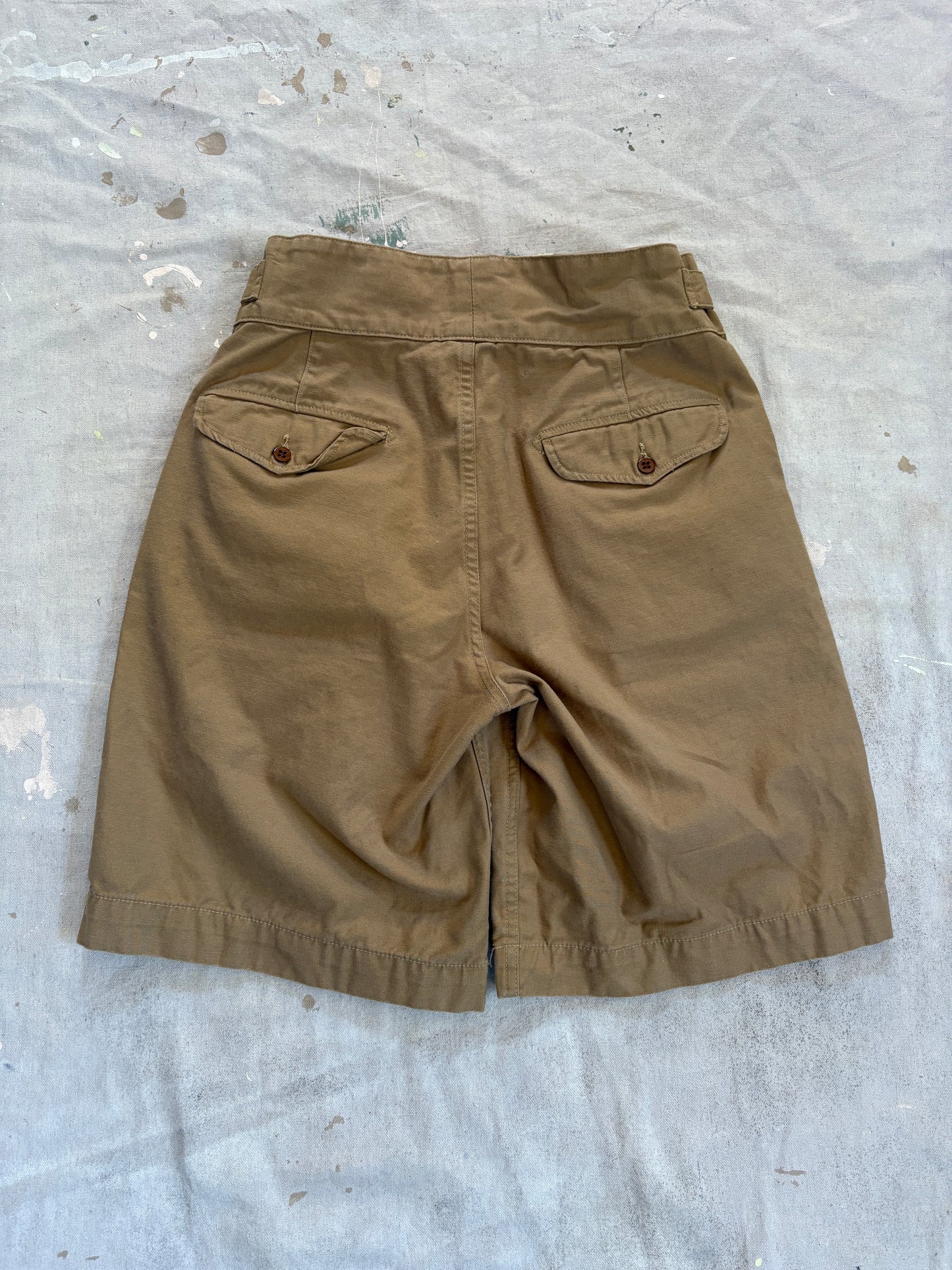 Vintage 40s Belted Waist Khaki Military Drill Shorts