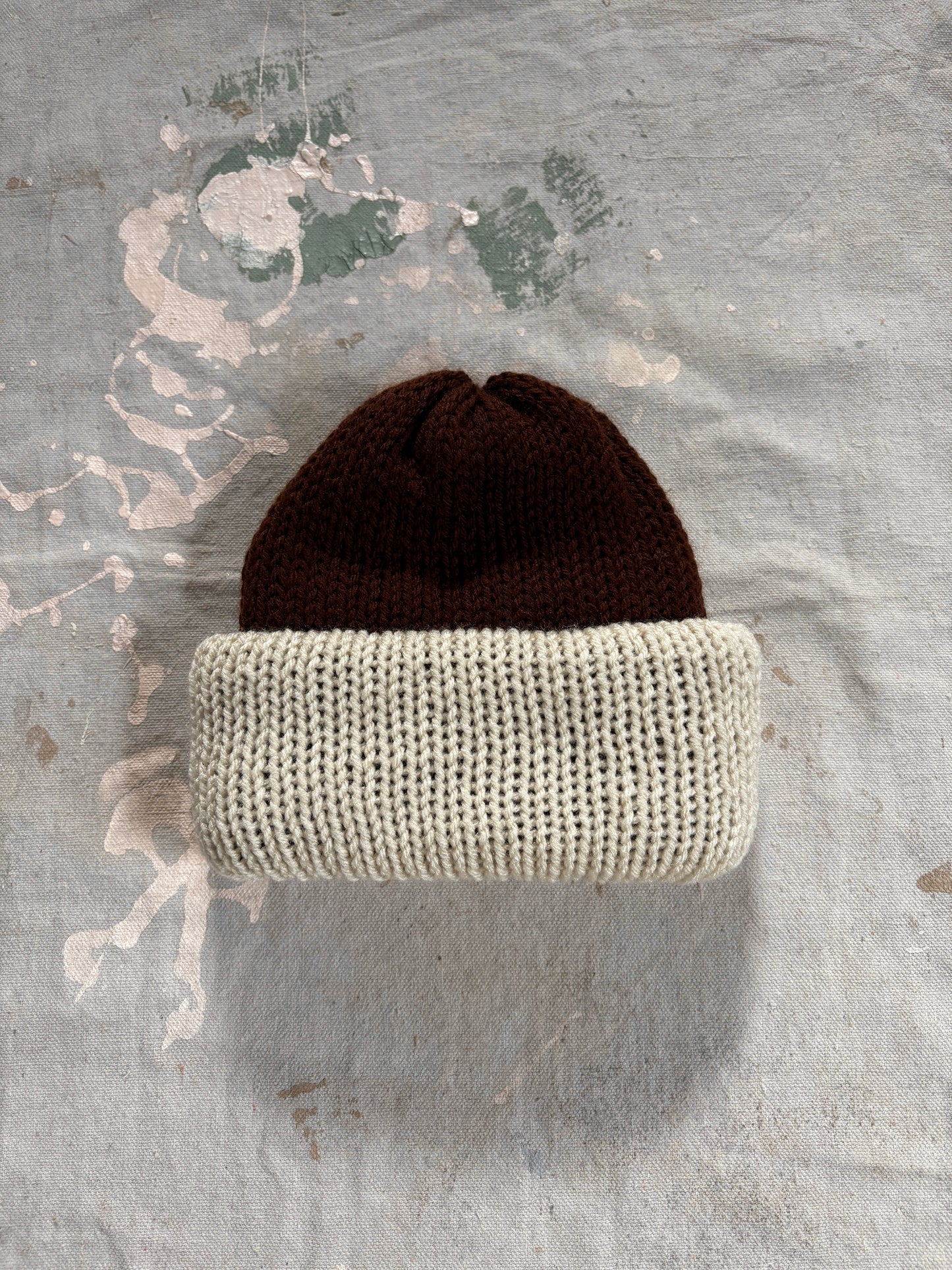 90s Hand Knit Reversible Chocolate Brown And Ecru Beanie