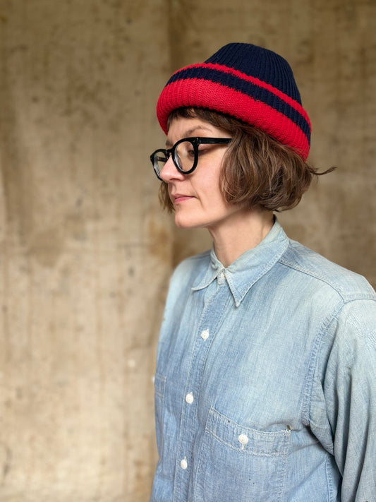 80s Navy Blue With Red Stripe Beanie