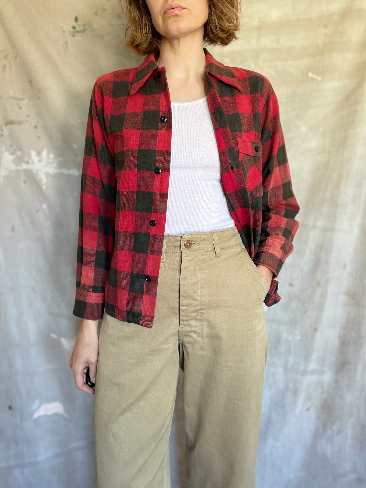 40s Faded Plaid Flannel Shirt