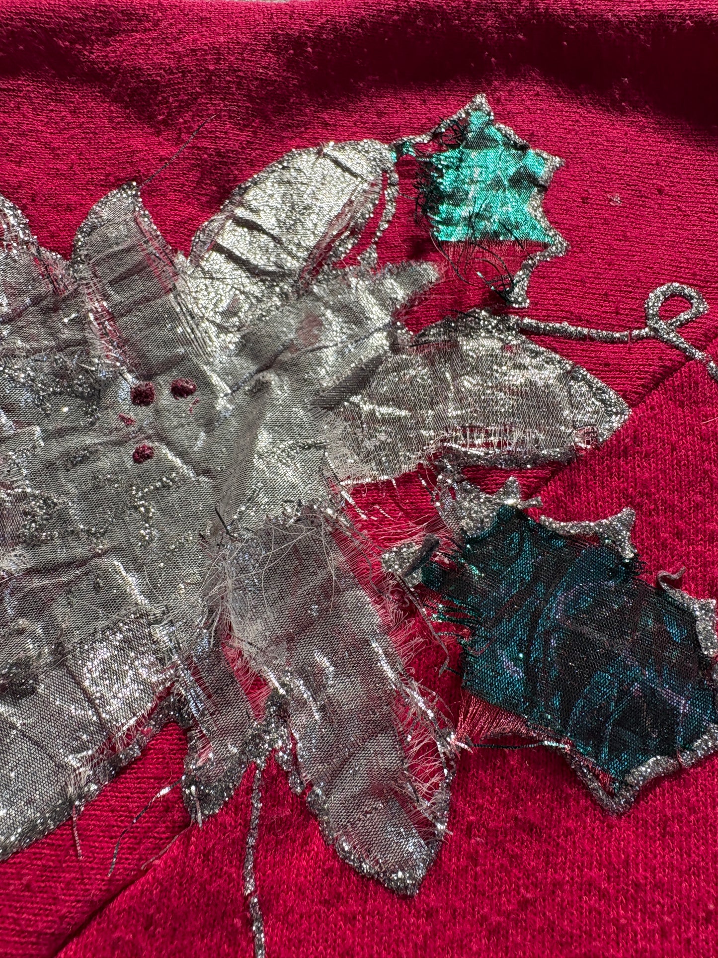 Vintage 80s Handmade Silver Poinsettia “Ugly Christmas” Sweatshirt