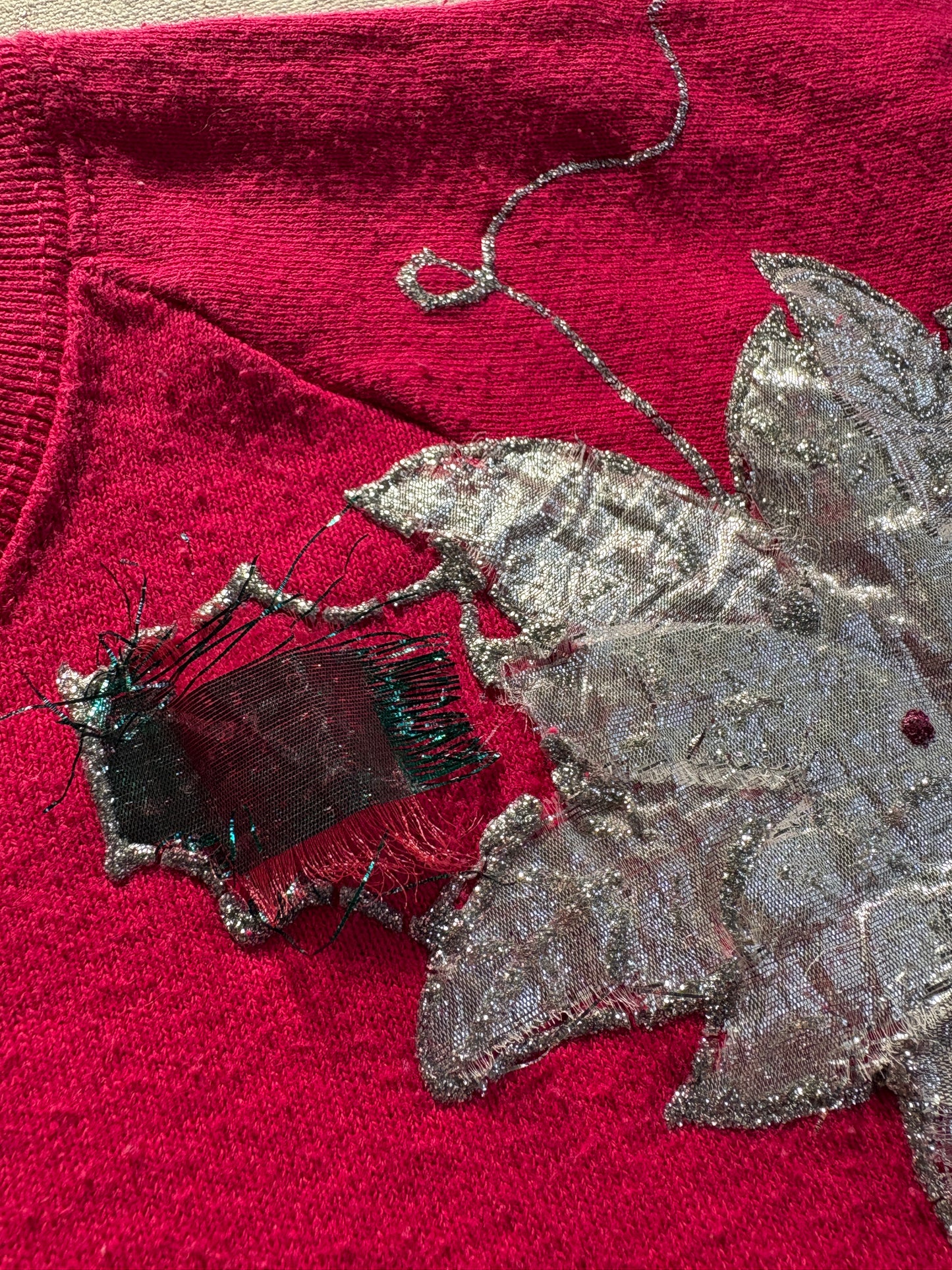 Vintage 80s Handmade Silver Poinsettia “Ugly Christmas” Sweatshirt