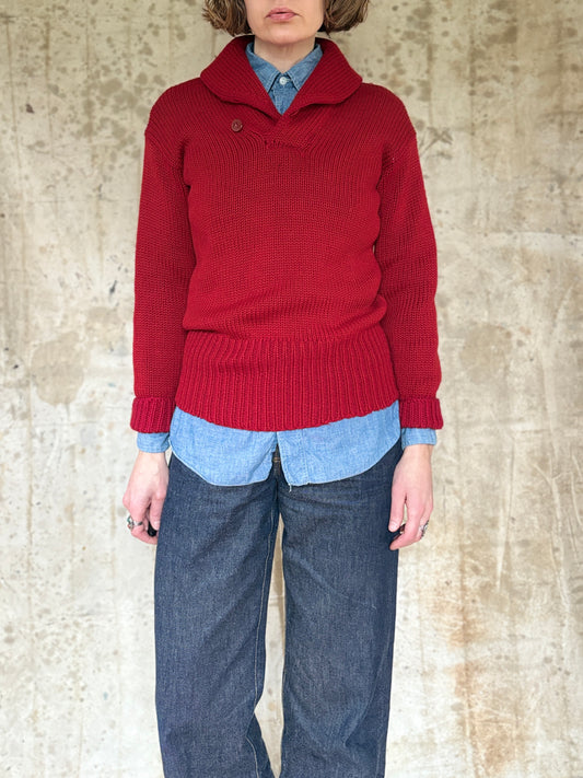 20s/30s Red Shawl Collar Collegiate Sweater