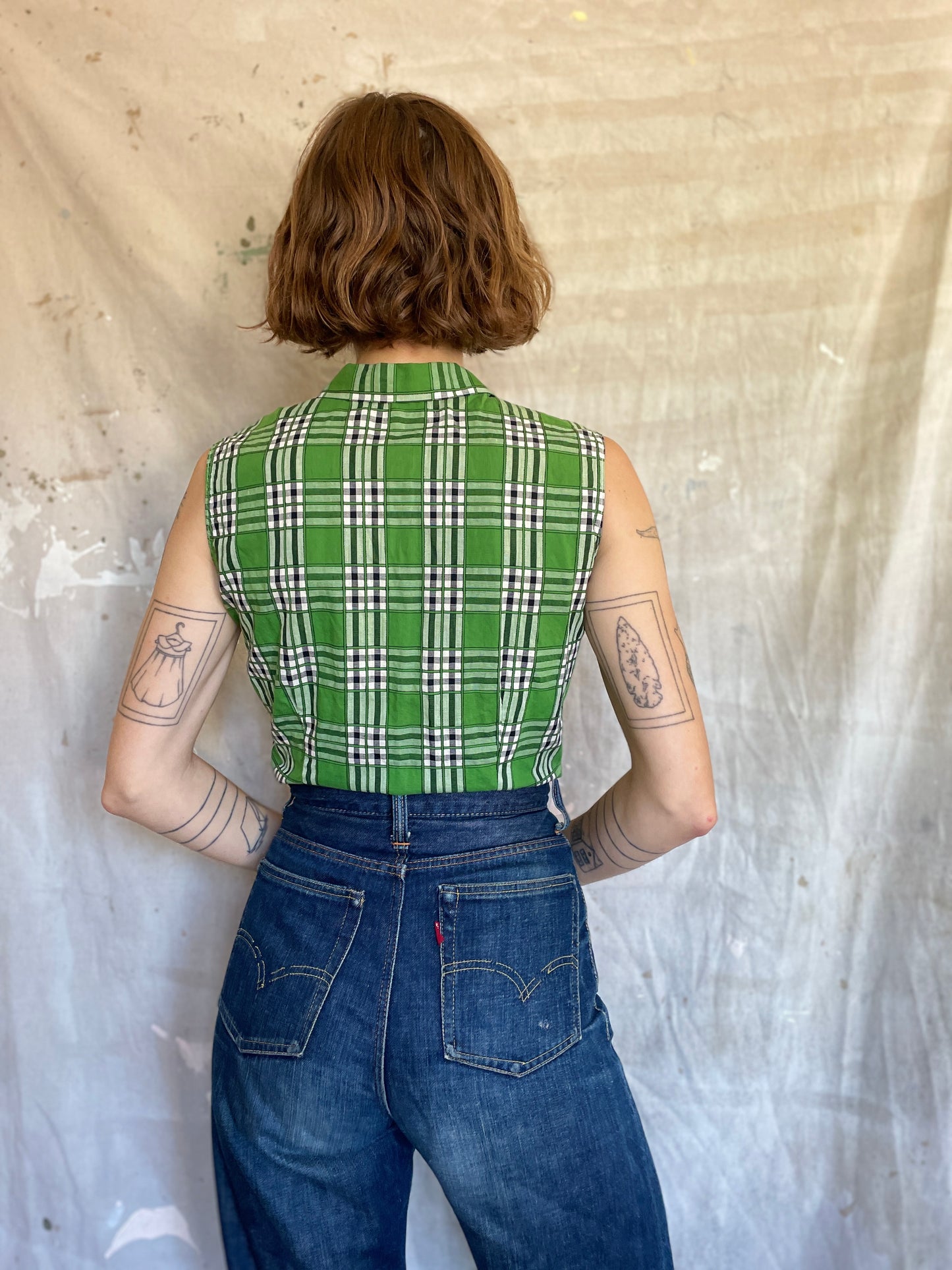 50s Plaid Button Down Sleeveless Shirt