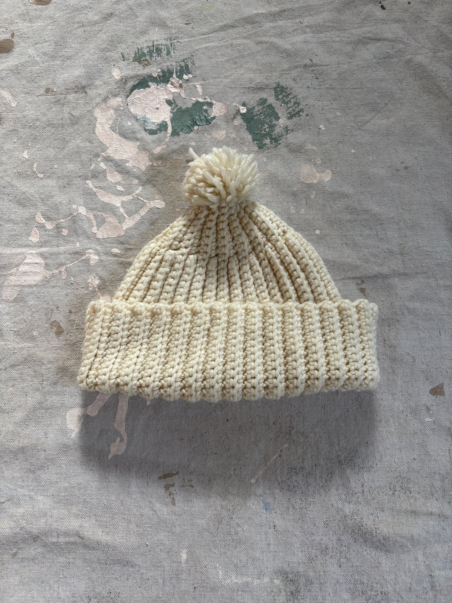80s Hand Knit Pom Pom Ecru Beanie