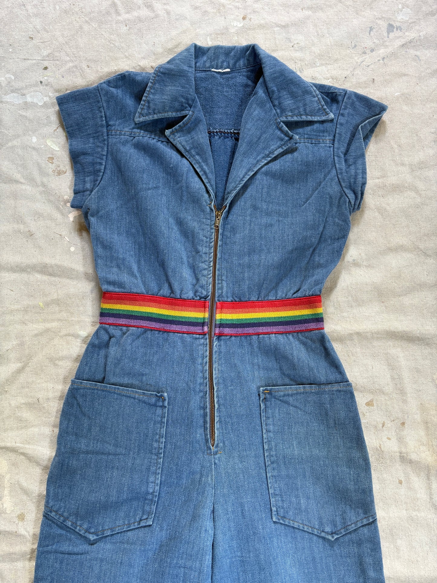 Vintage 70s Denim Jumpsuit Rainbow Detail