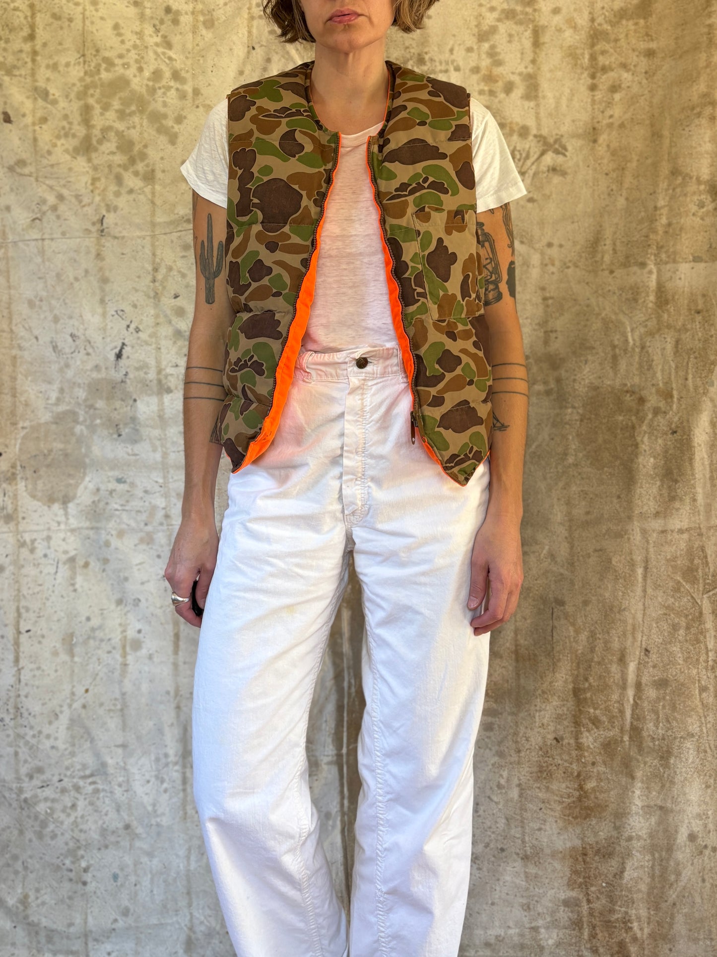 Vintage 80s Eddie Bauer Reversible Goose Down Orange Camo Vest