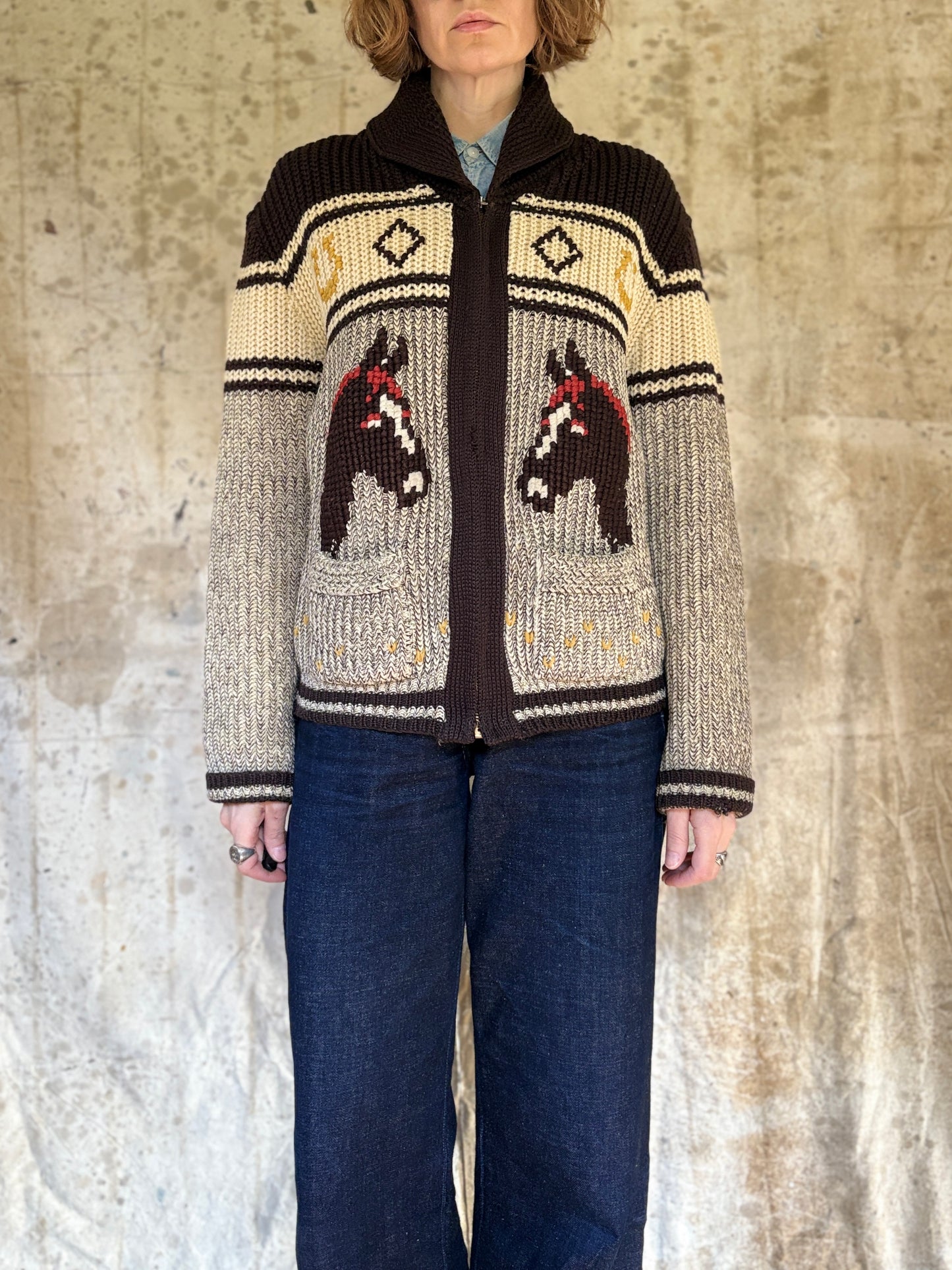 60s Horse Shawl Collar Sweater