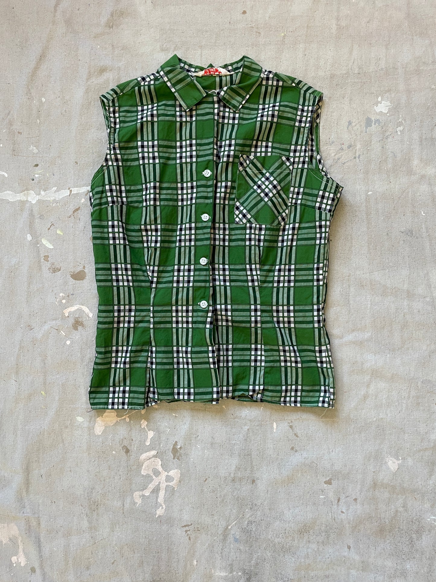 50s Plaid Button Down Sleeveless Shirt