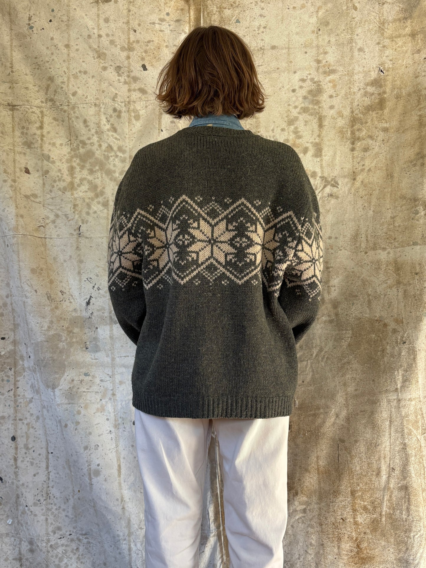 Vintage 90s Olive Green Snowflake Sweater