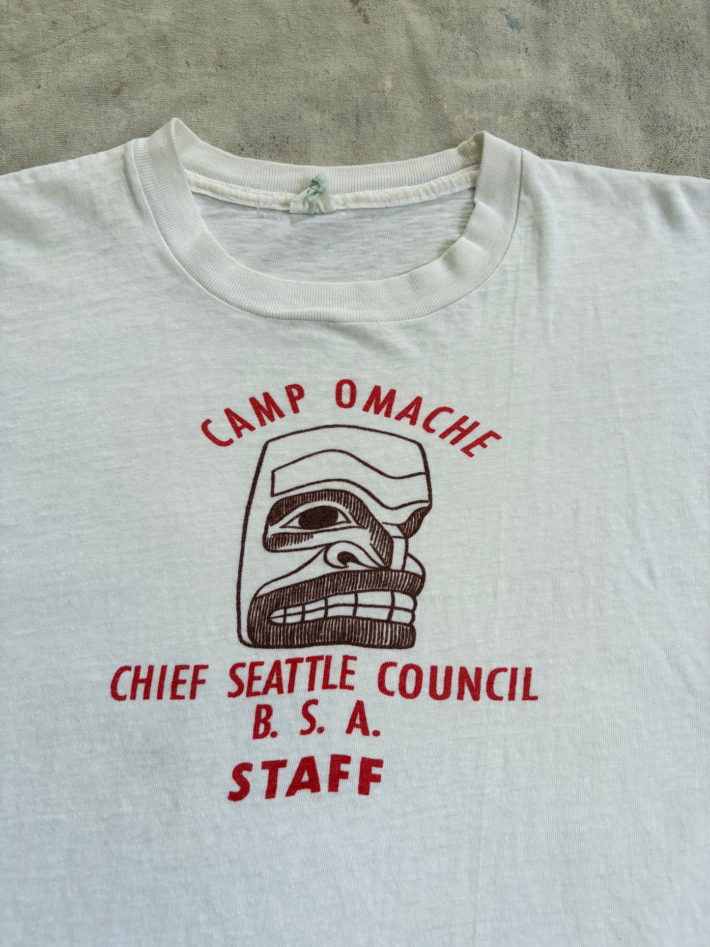 Vintage 70s Camp Omache Chief Seattle Council BSA Staff Tee