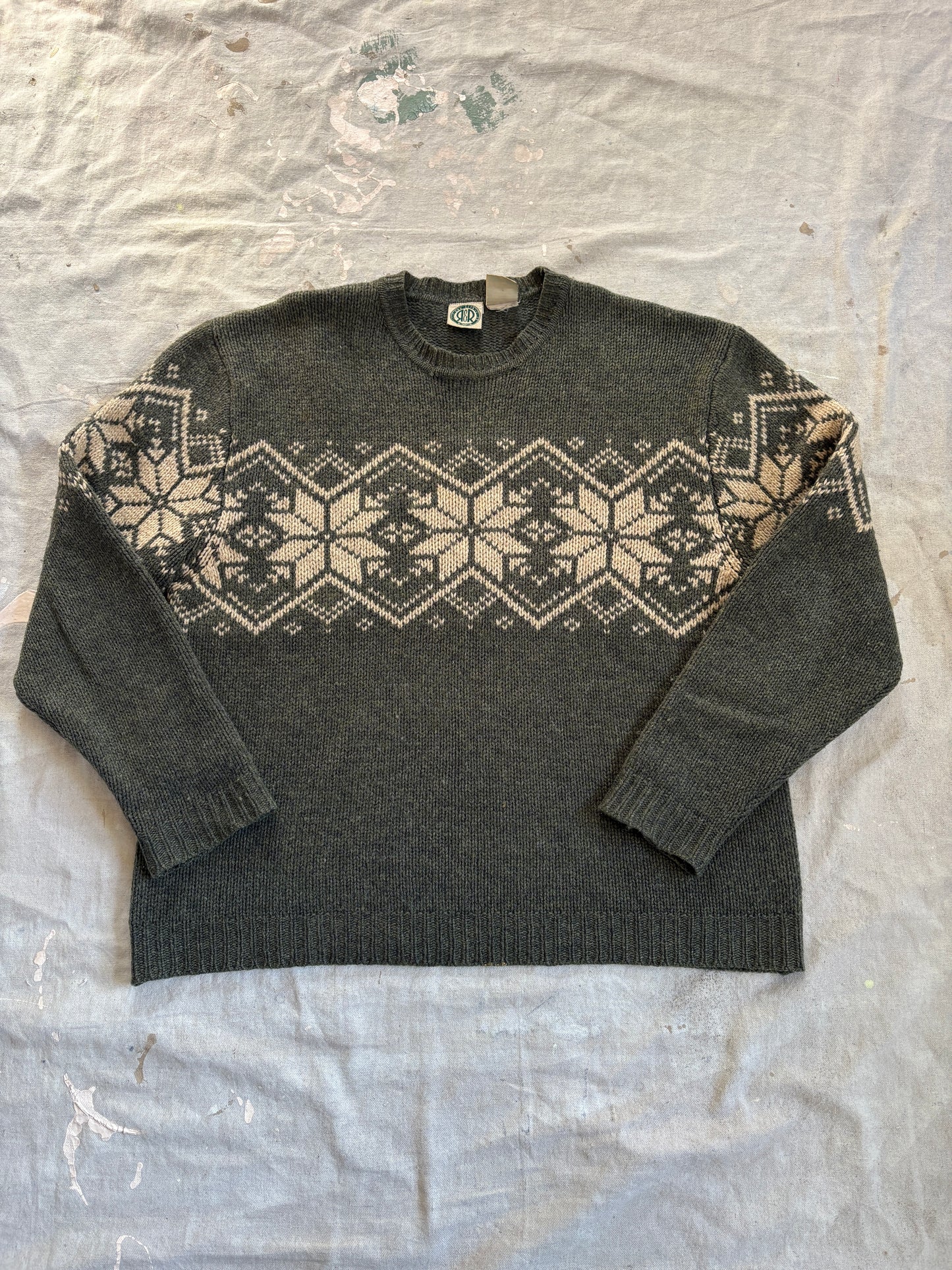Vintage 90s Olive Green Snowflake Sweater