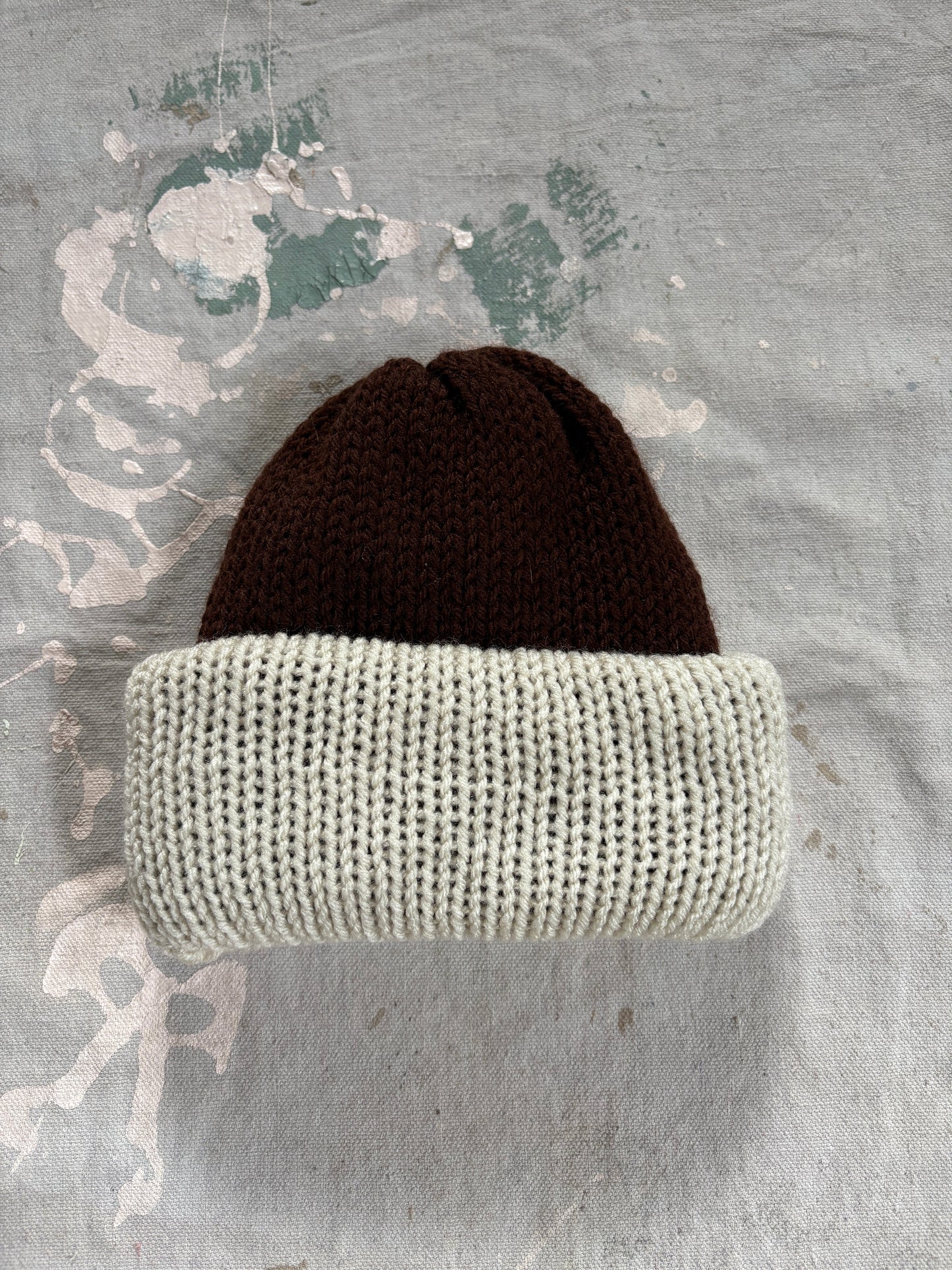 90s Hand Knit Reversible Chocolate Brown And Ecru Beanie