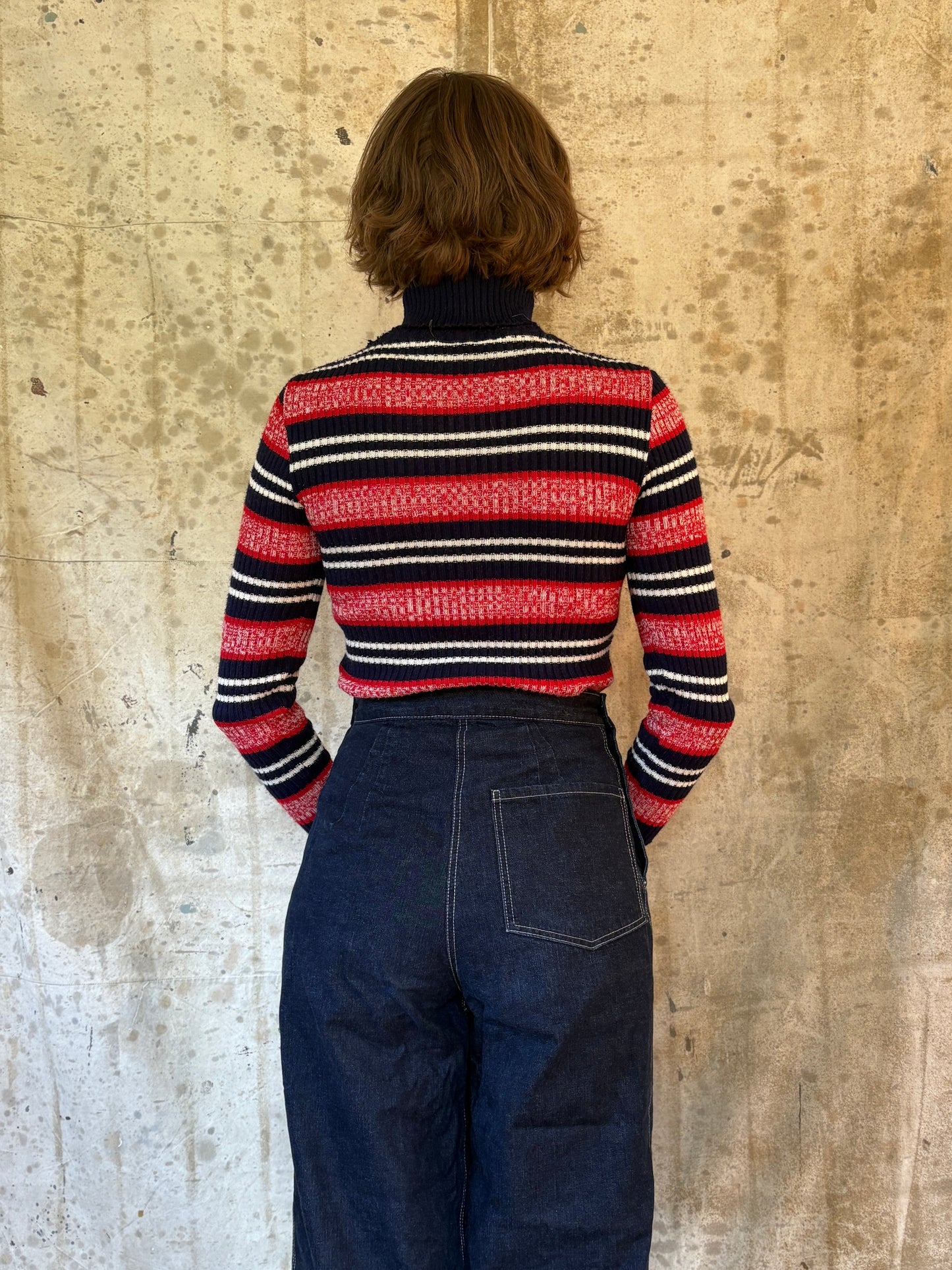 Vintage 70s Red White And Blue Space Dyed Knit Turtleneck