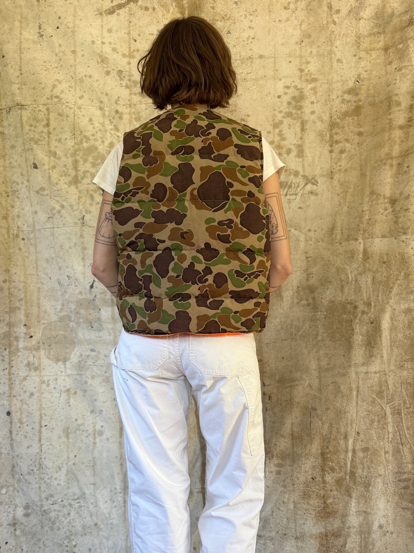 Vintage 80s Eddie Bauer Reversible Goose Down Orange Camo Vest