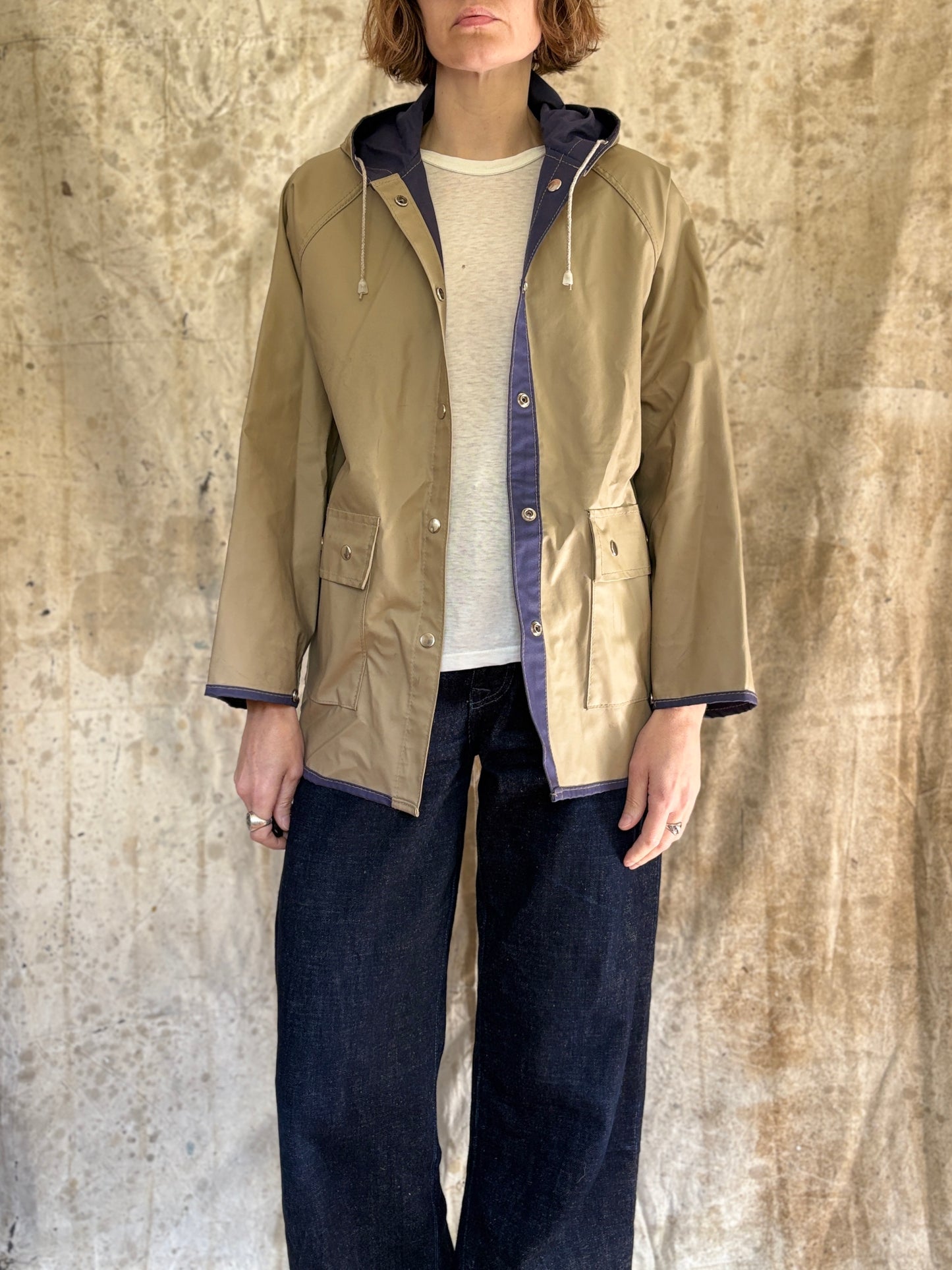 80s Tan Navy Blue Reversible Raincoat