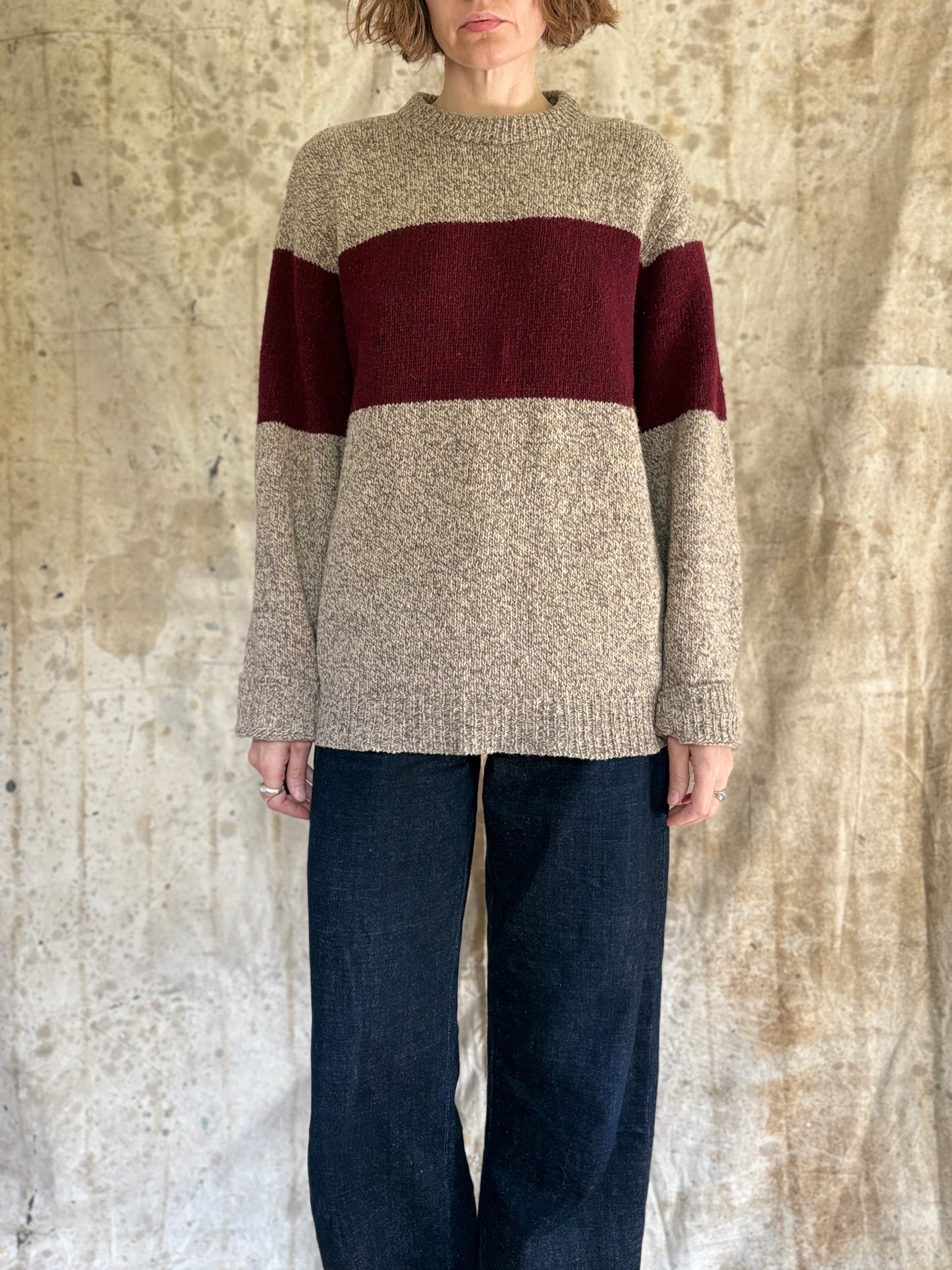 80s REI Oatmeal And Maroon Sweater