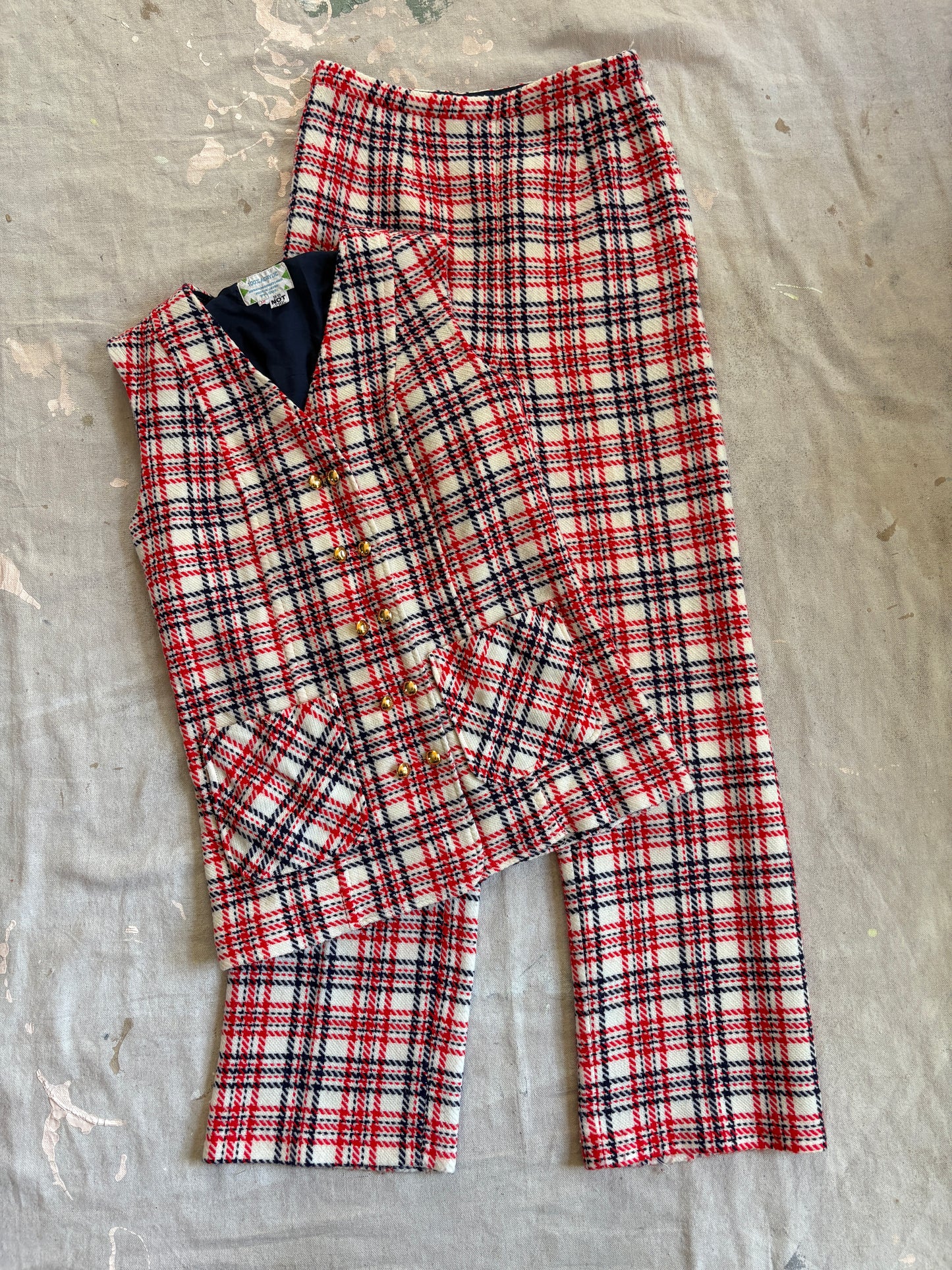 Vintage 70s/80s Red White Blue Plaid Vest Wide Leg Pants Set