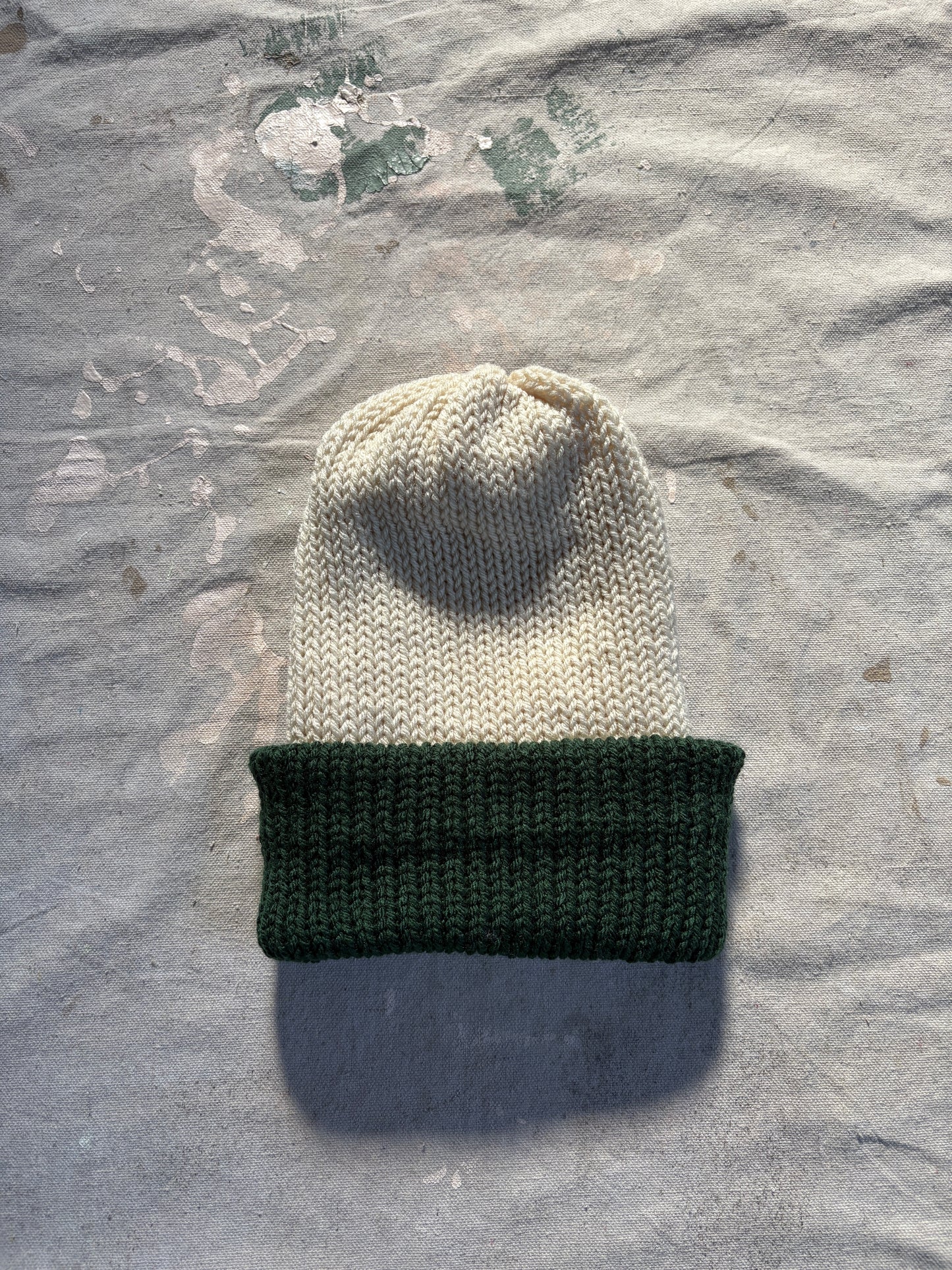 Hand Knit Ecru And Evergreen Beanie
