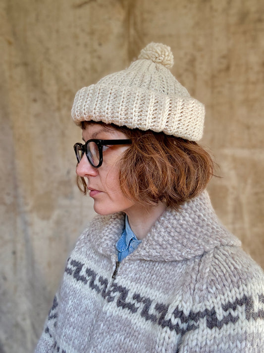 80s Hand Knit Pom Pom Ecru Beanie