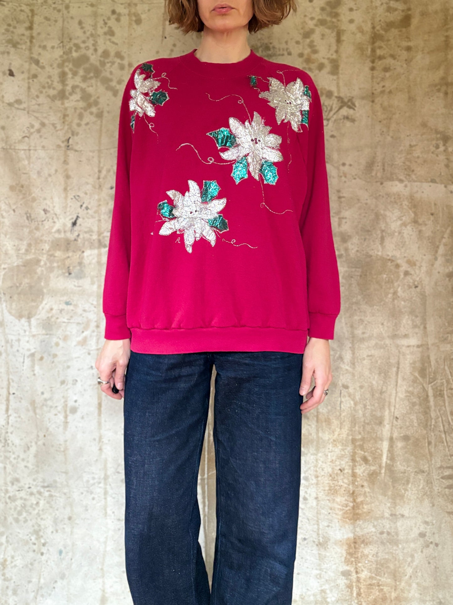 Vintage 80s Handmade Silver Poinsettia “Ugly Christmas” Sweatshirt
