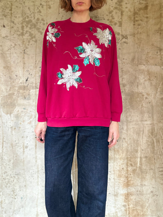 Vintage 80s Handmade Silver Poinsettia “Ugly Christmas” Sweatshirt