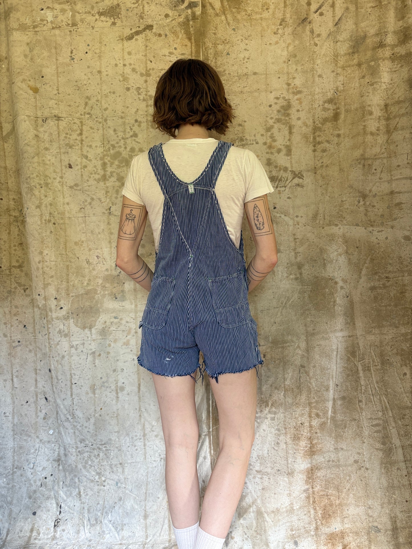 80s Key Imperial Hickory Stripe Overalls Cut-Off Shorts