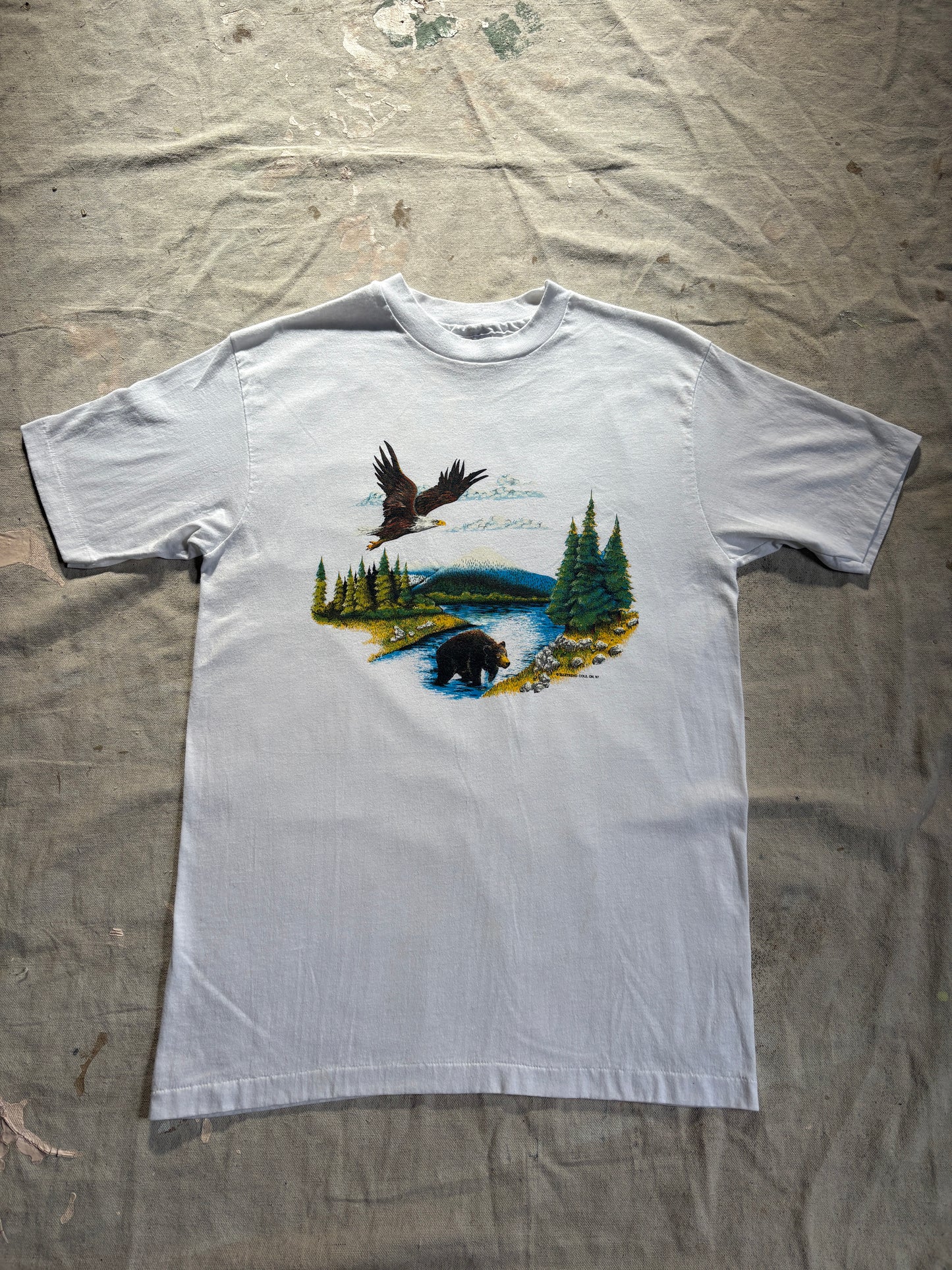 80s Bear And Eagle Mountain River Scene Nature Tee