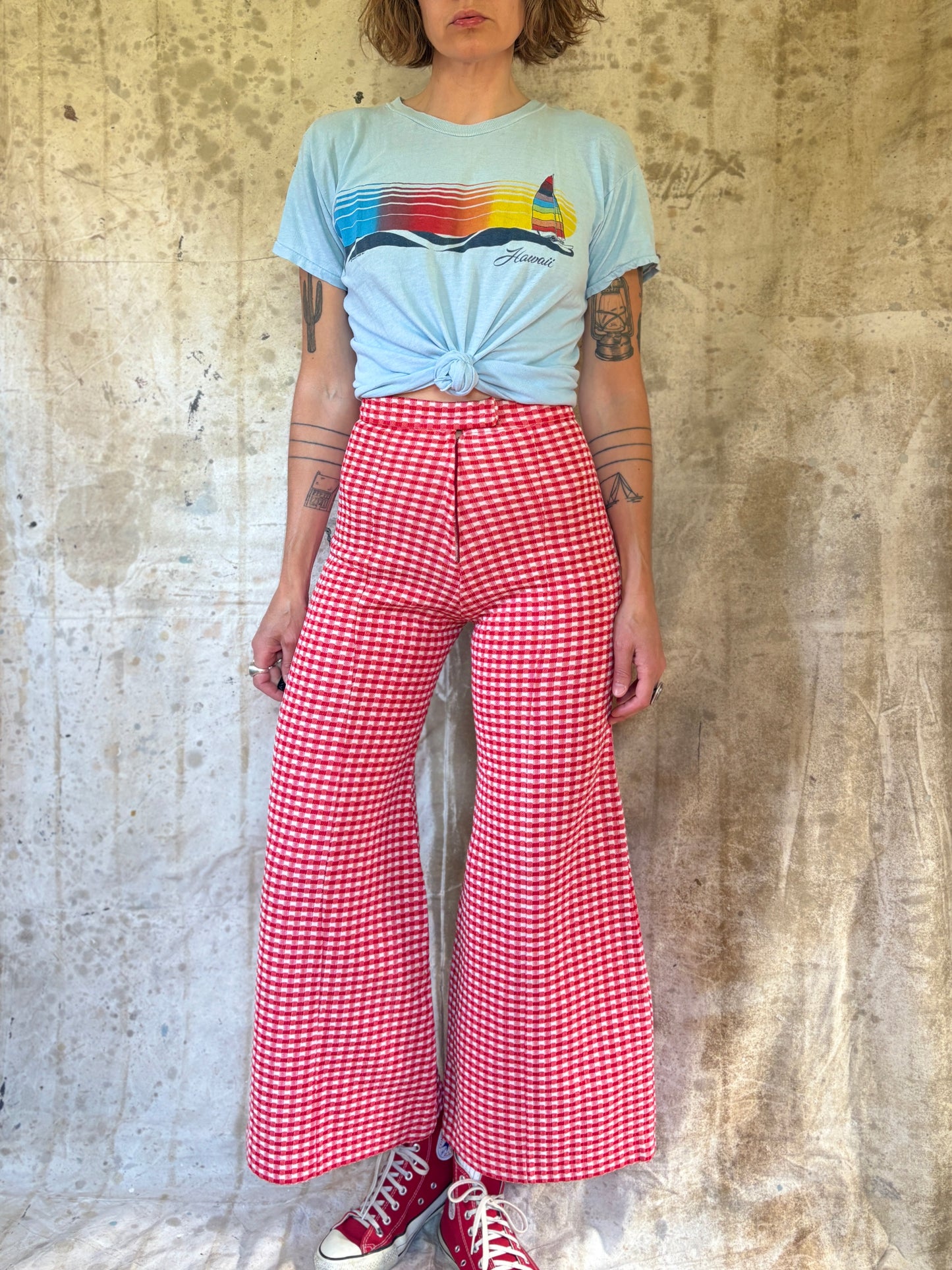 Vintage 70s Red Gingham Elephant Bell Bottom Pants