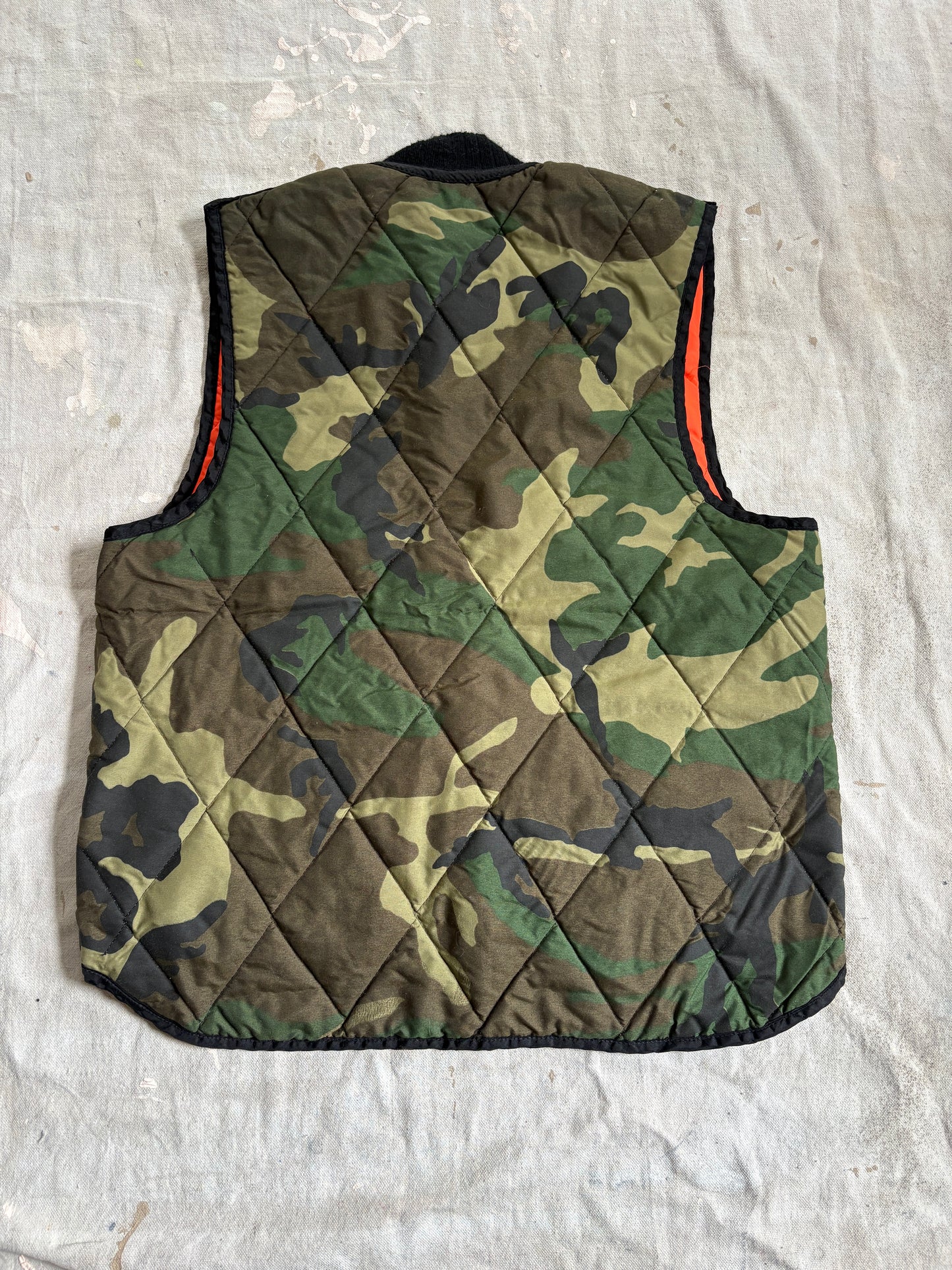 Vintage 80s Reversible Safety Orange Woodland Camo Hunting Vest