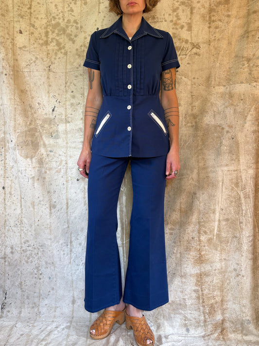 Vintage 70s/80s Navy Blue Blouse And Bell Bottom Pant Set