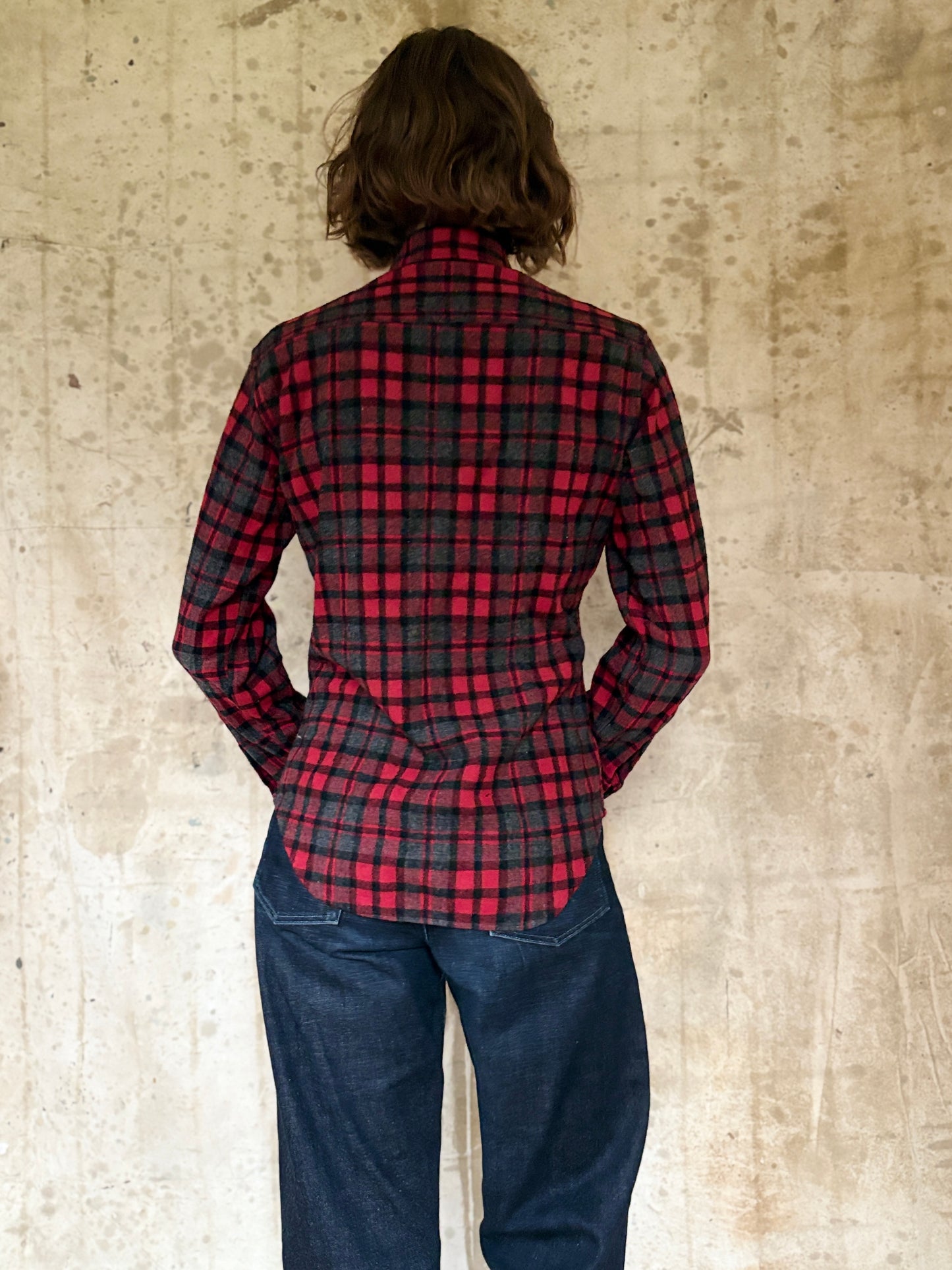 Vintage 80s Wool Blend Red, Black, Gray Plaid Button Down Shirt