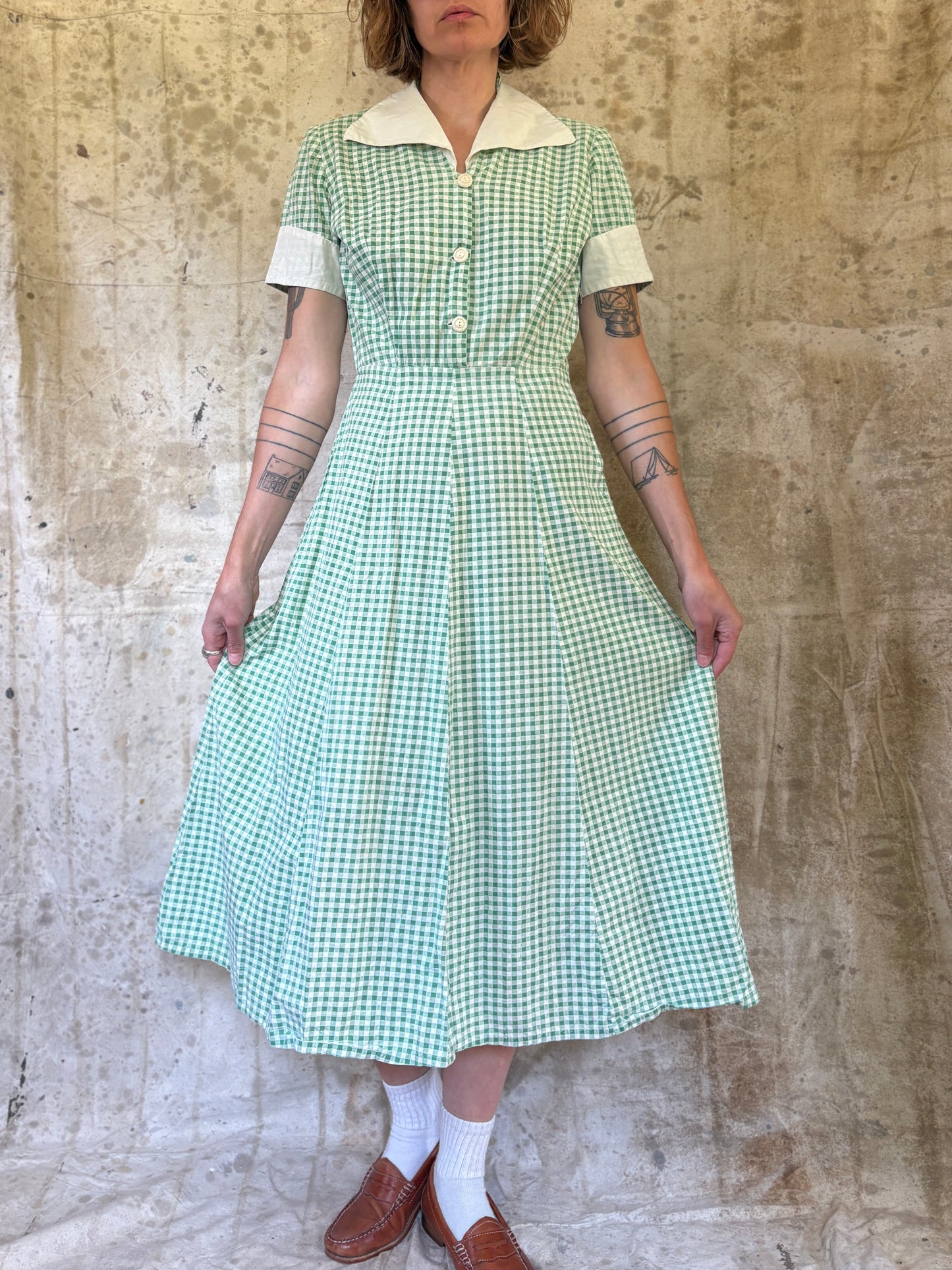 Vintage 40s Green Gingham Dress