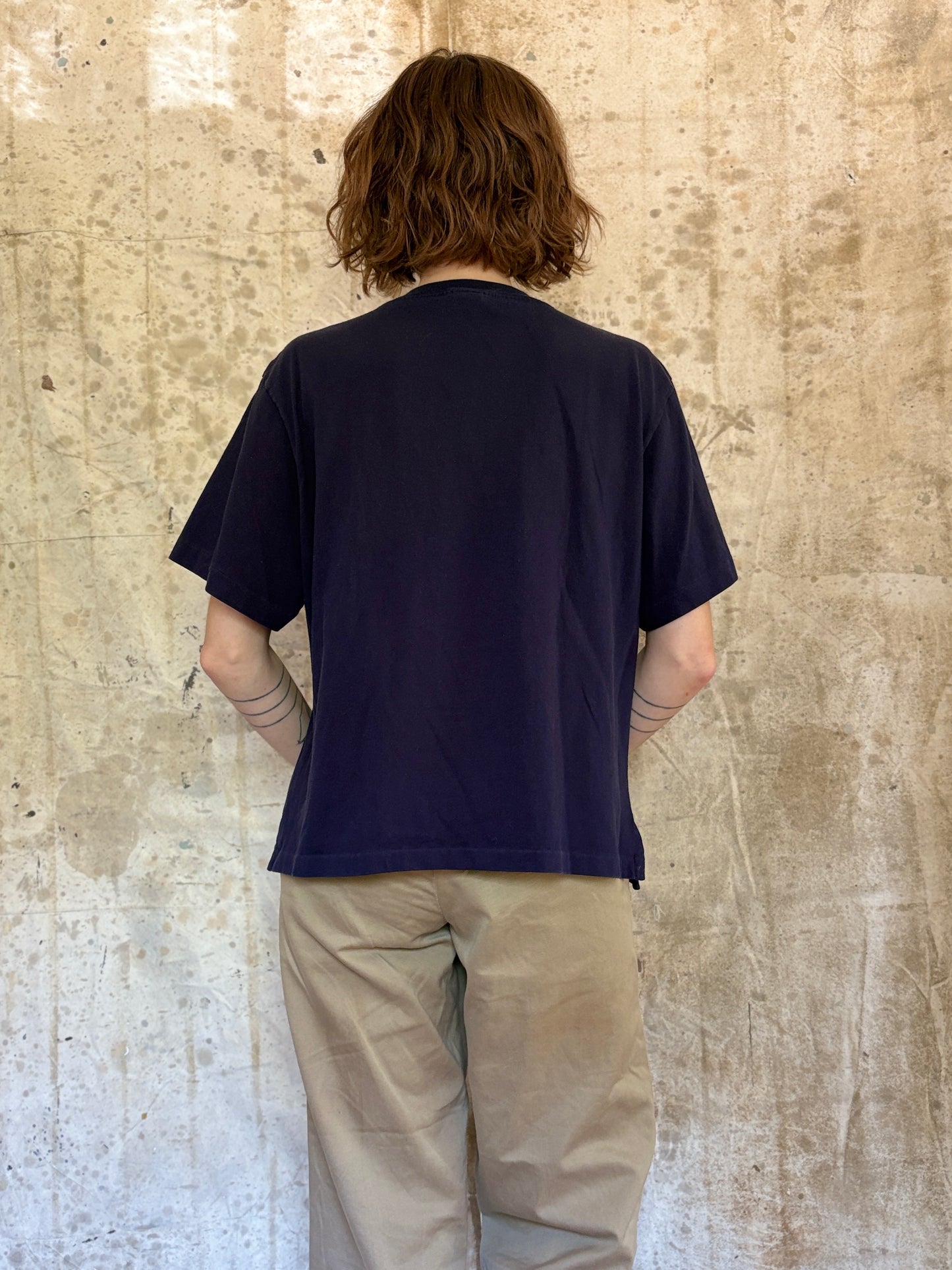Vintage 90s Lands End Blank Navy Blue Pocket Tee