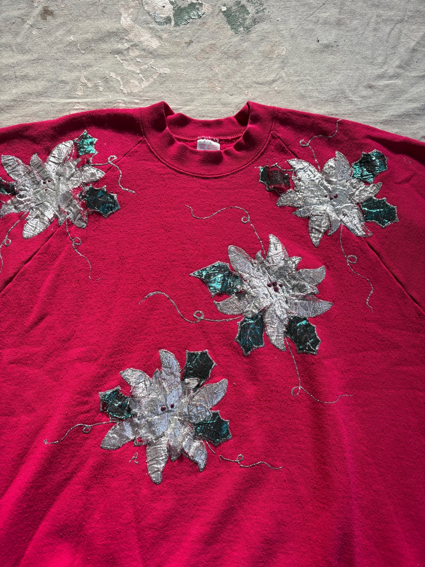 Vintage 80s Handmade Silver Poinsettia “Ugly Christmas” Sweatshirt