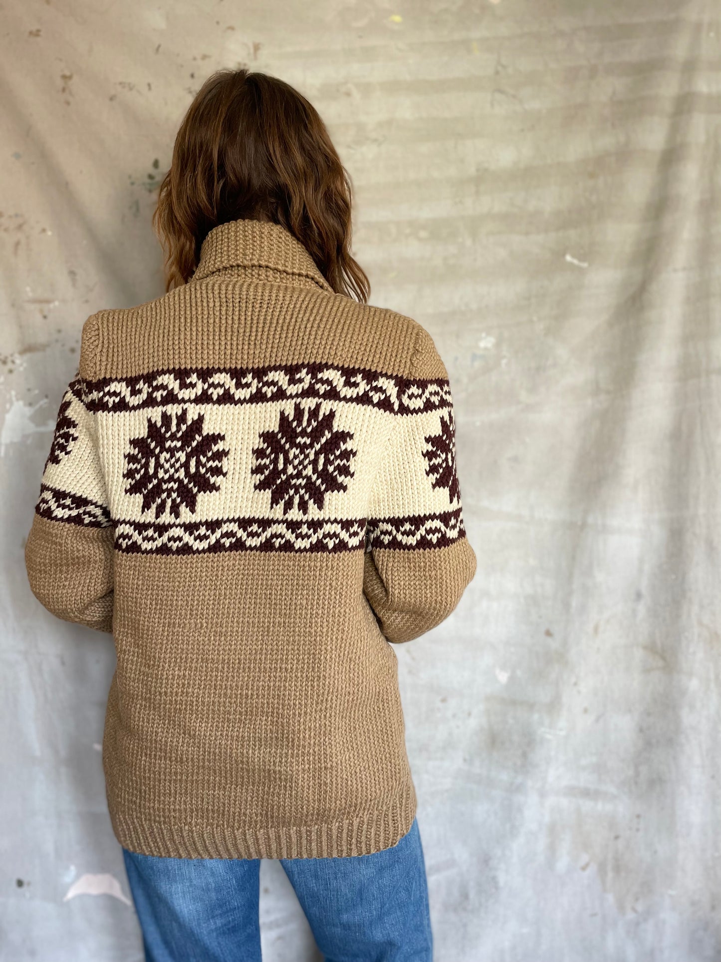 70s Handknit Shawl Collar Snowflake Sweater