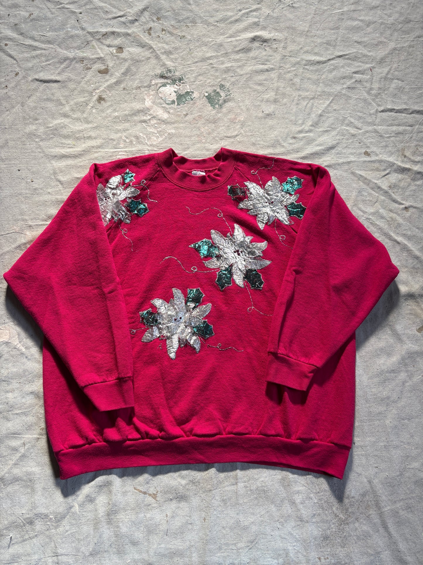Vintage 80s Handmade Silver Poinsettia “Ugly Christmas” Sweatshirt
