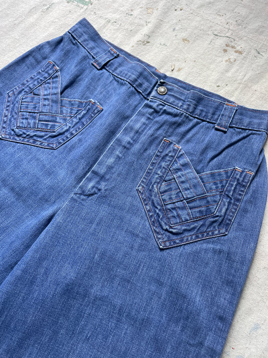 70s Woven Pocket Wide Leg Bell Bottom Jeans