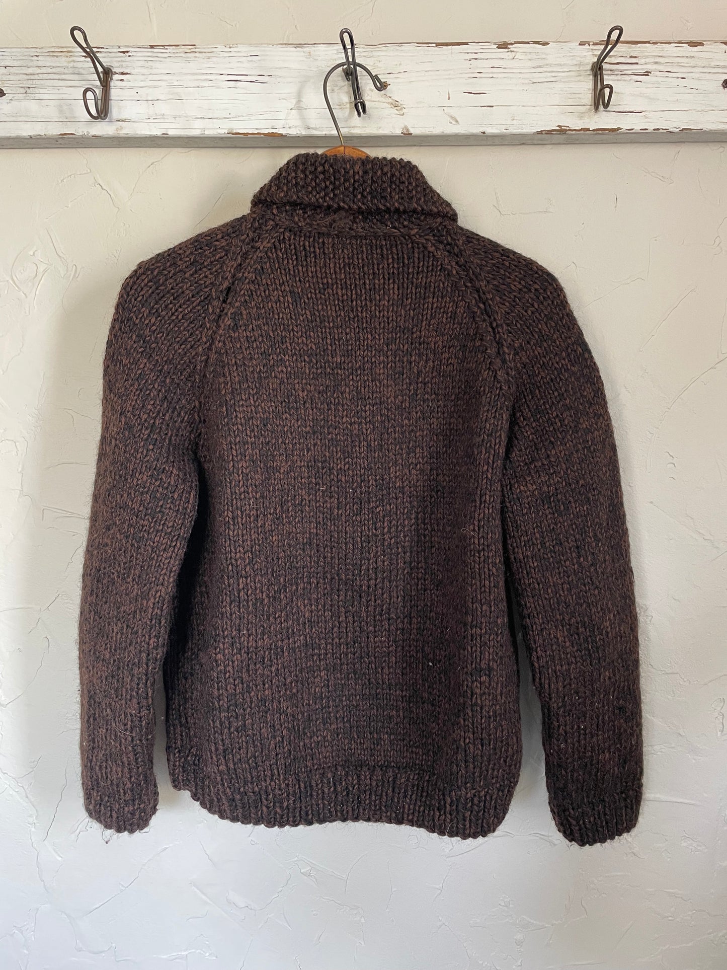 70s Handknit Brown Black Shawl Collar Sweater